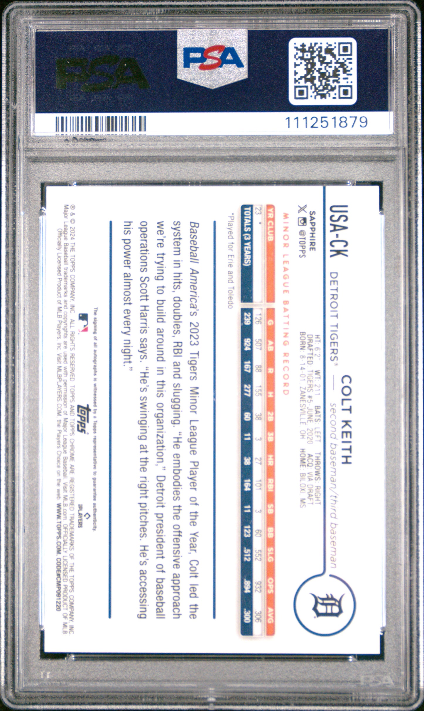 2024 Topps Chrome Update Sapphire Autographs Colt Keith #CK Green 06/99 PSA 10