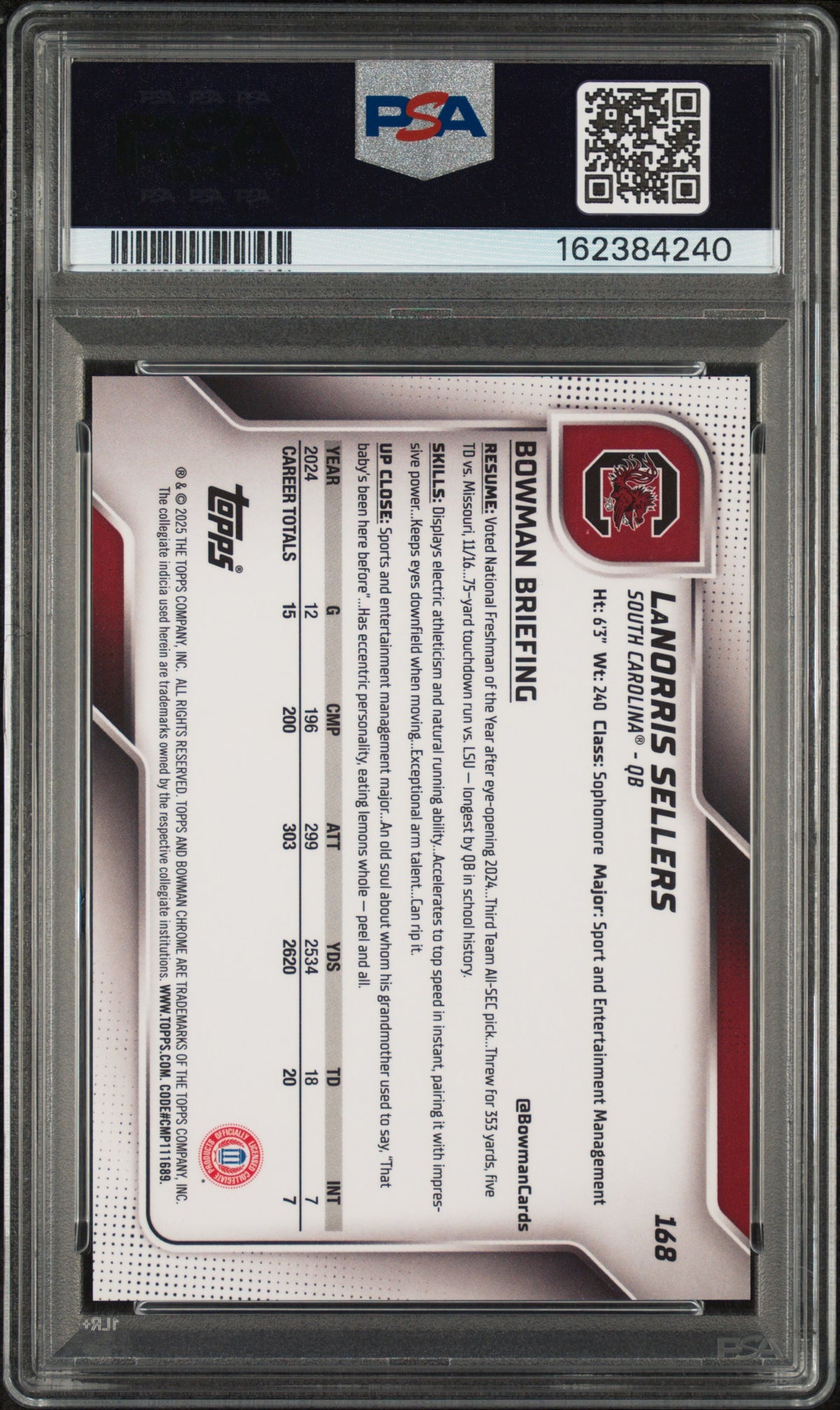 2025 Bowman University Chrome Lanorris Sellers #168 Gold Refractor 32/50 PSA 9