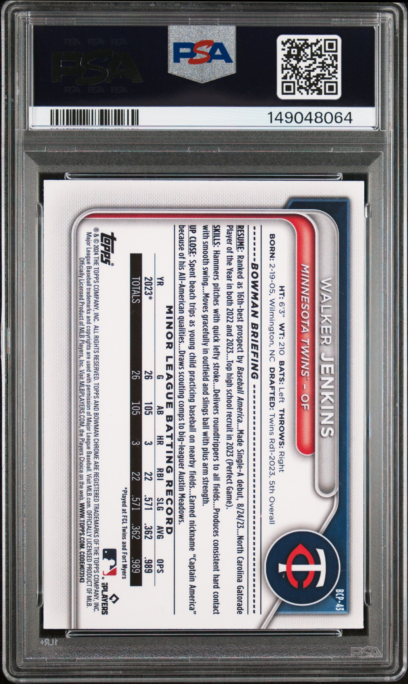 2024 Bowman Chrome Prospects Walker Jenkins #BCP43 Lunar Glow Ref. PSA 9