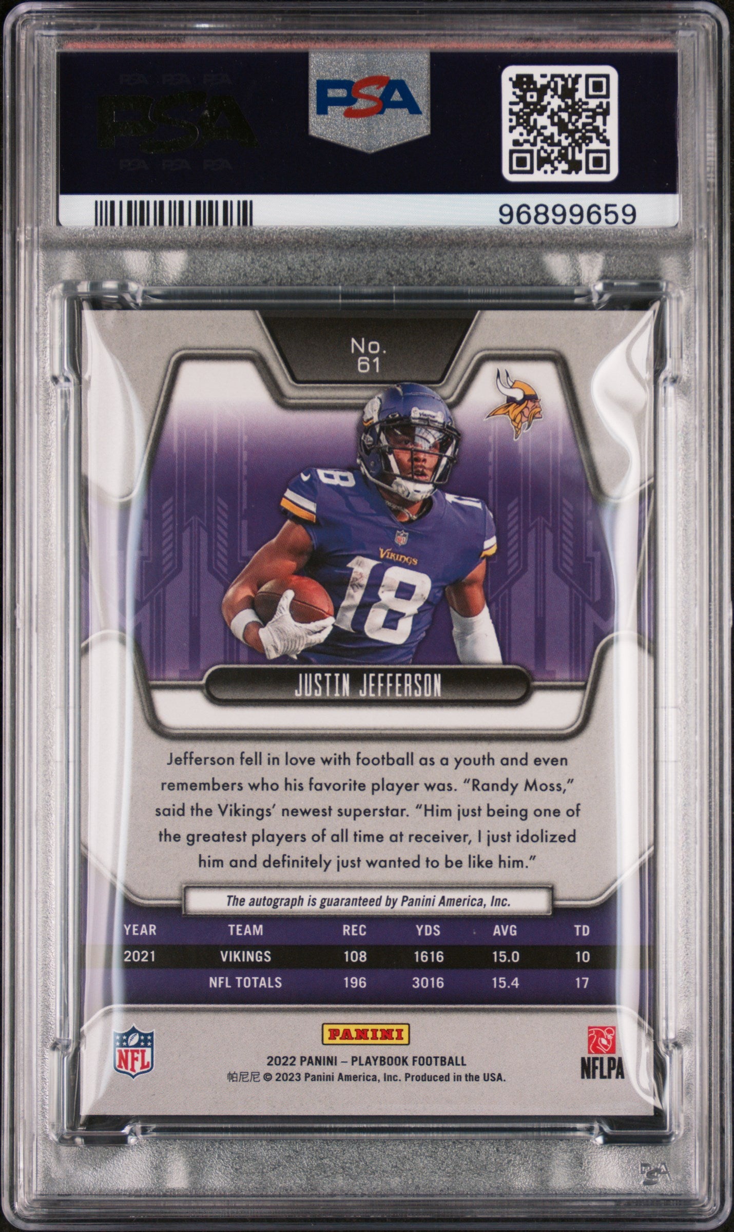 2022 Panini Playbook Justin Jefferson #61 Signature PSA 10