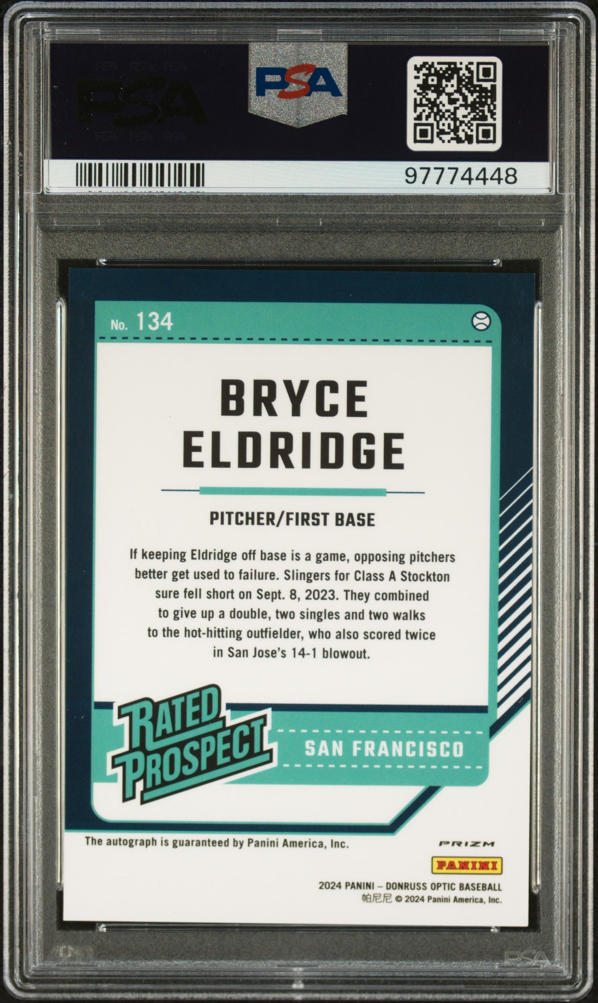2024 Donruss Optic Rated Prospect Bryce Eldridge #134 Optic Signature PSA 10