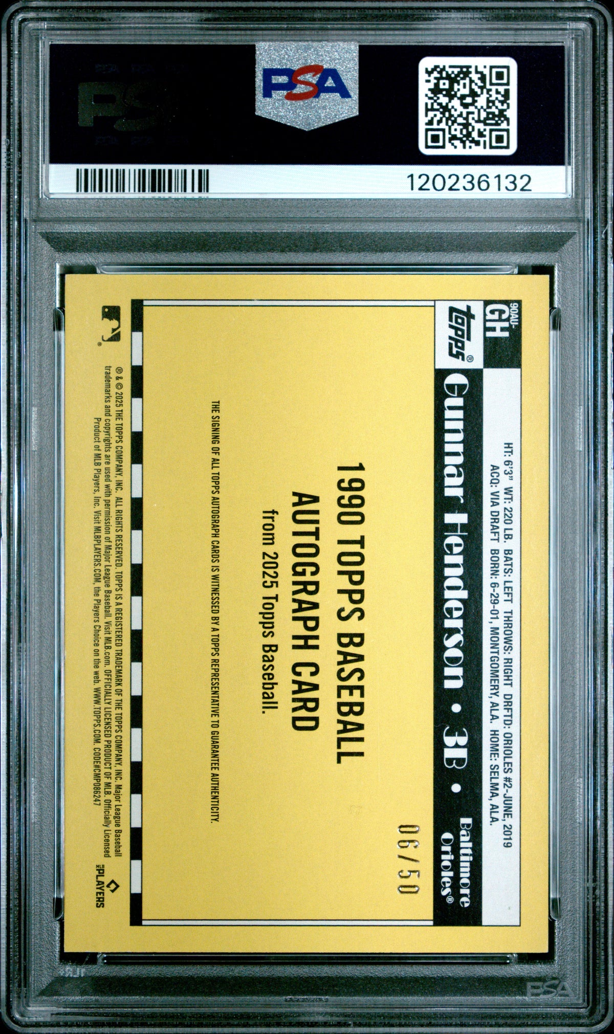 2025 Topps 1990 Topps Baseball Autographs Gunnar Henderson #90AUGH 06/50 PSA 9