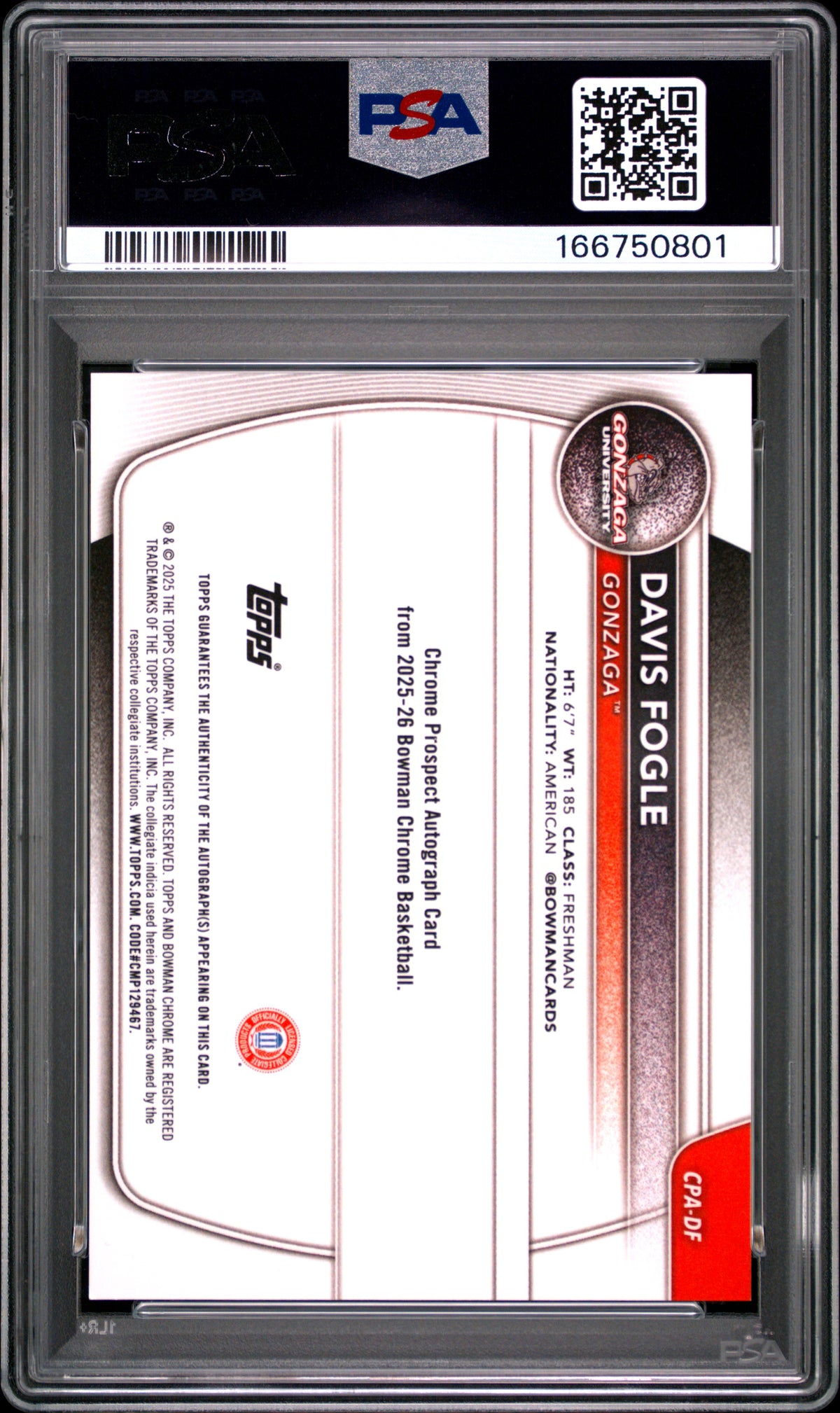 2025 Bowman Chrome Prospect Autograph Davis Fogle #CPADF Yellow Ref 63/75 PSA 10