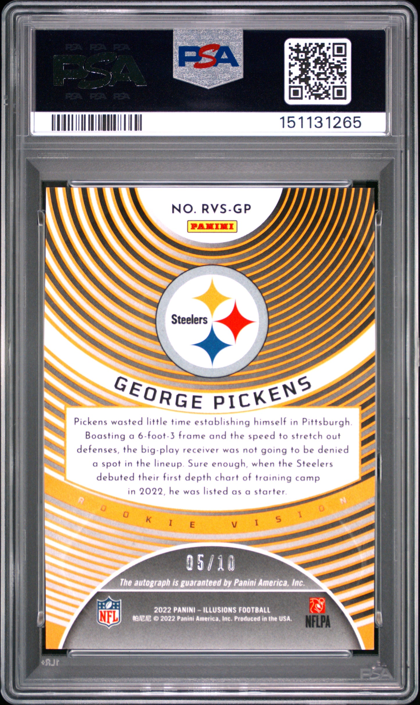 2022 Panini Illusions Rookie Vision Signatures George Pickens Green 5/10 PSA 10