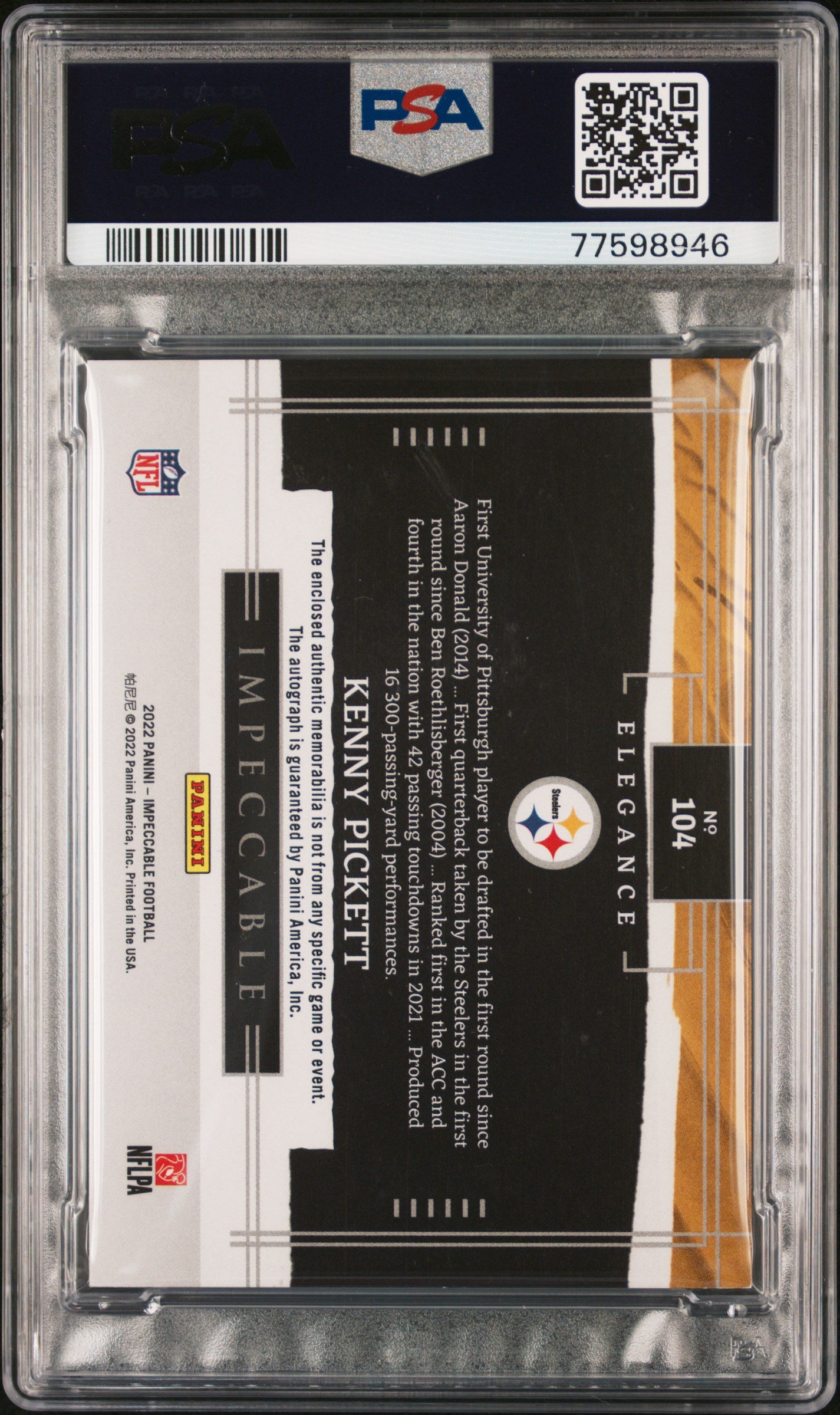 2022 Panini Impeccable Kenny Pickett #104 Helmet Team Logo Au PSA 8 Auto 10