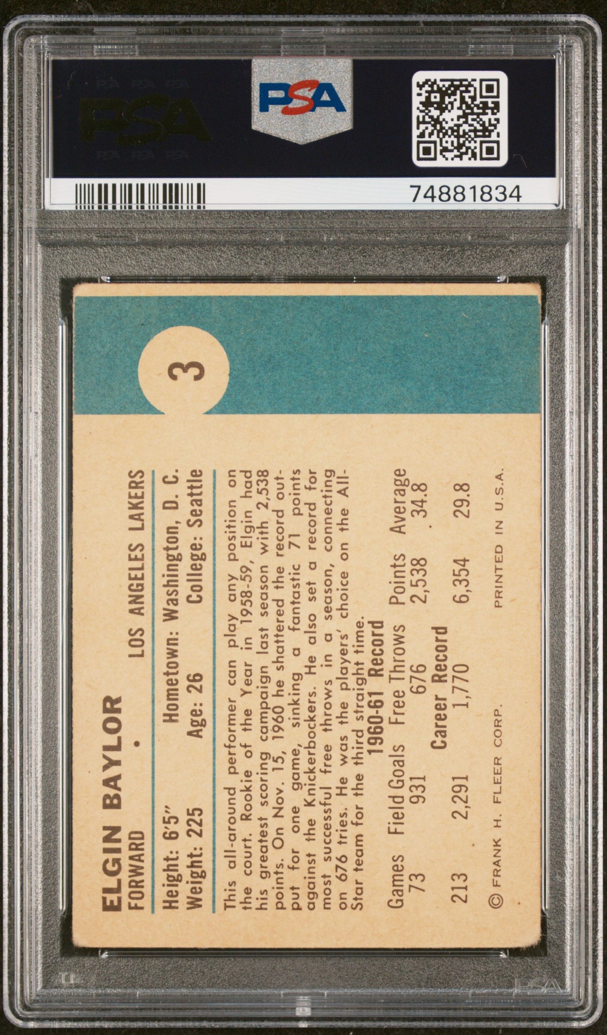 1961 Fleer Elgin Baylor #3 PSA 2