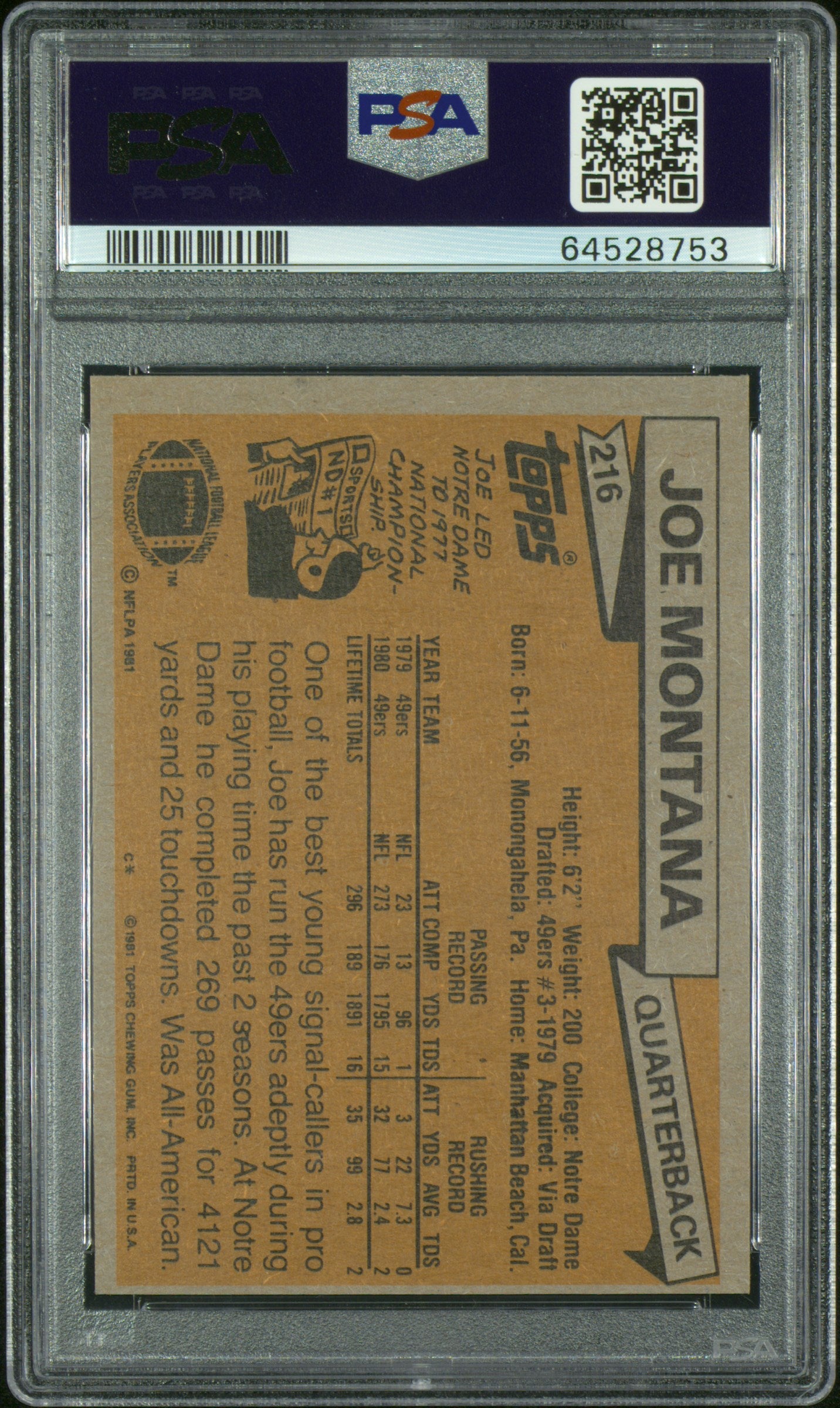 1981 Topps Joe Montana #216 PSA 6