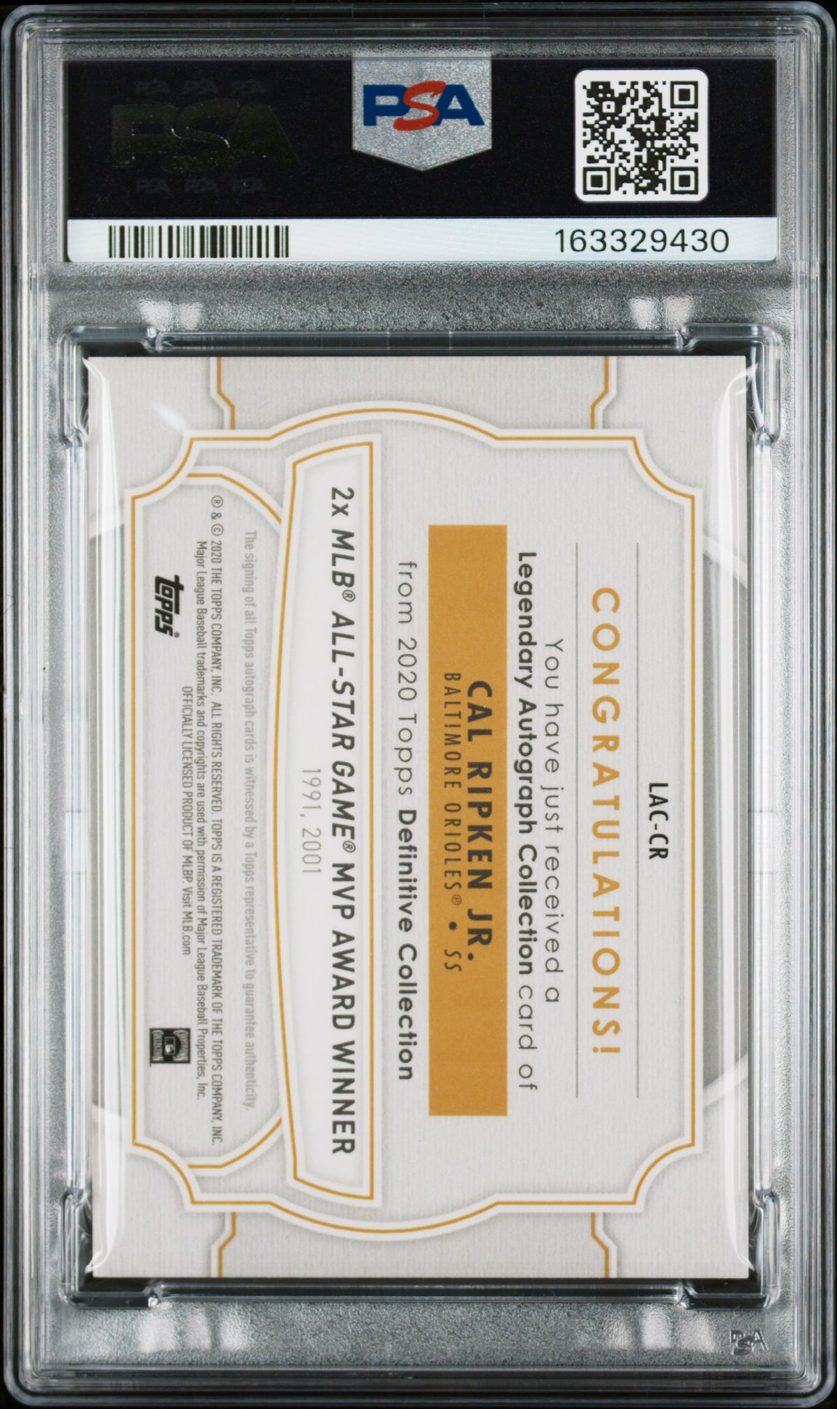 2020 Topps Definitive Legendary Autograph Cal Ripken Jr #LACCR Purple 2/5 PSA 10