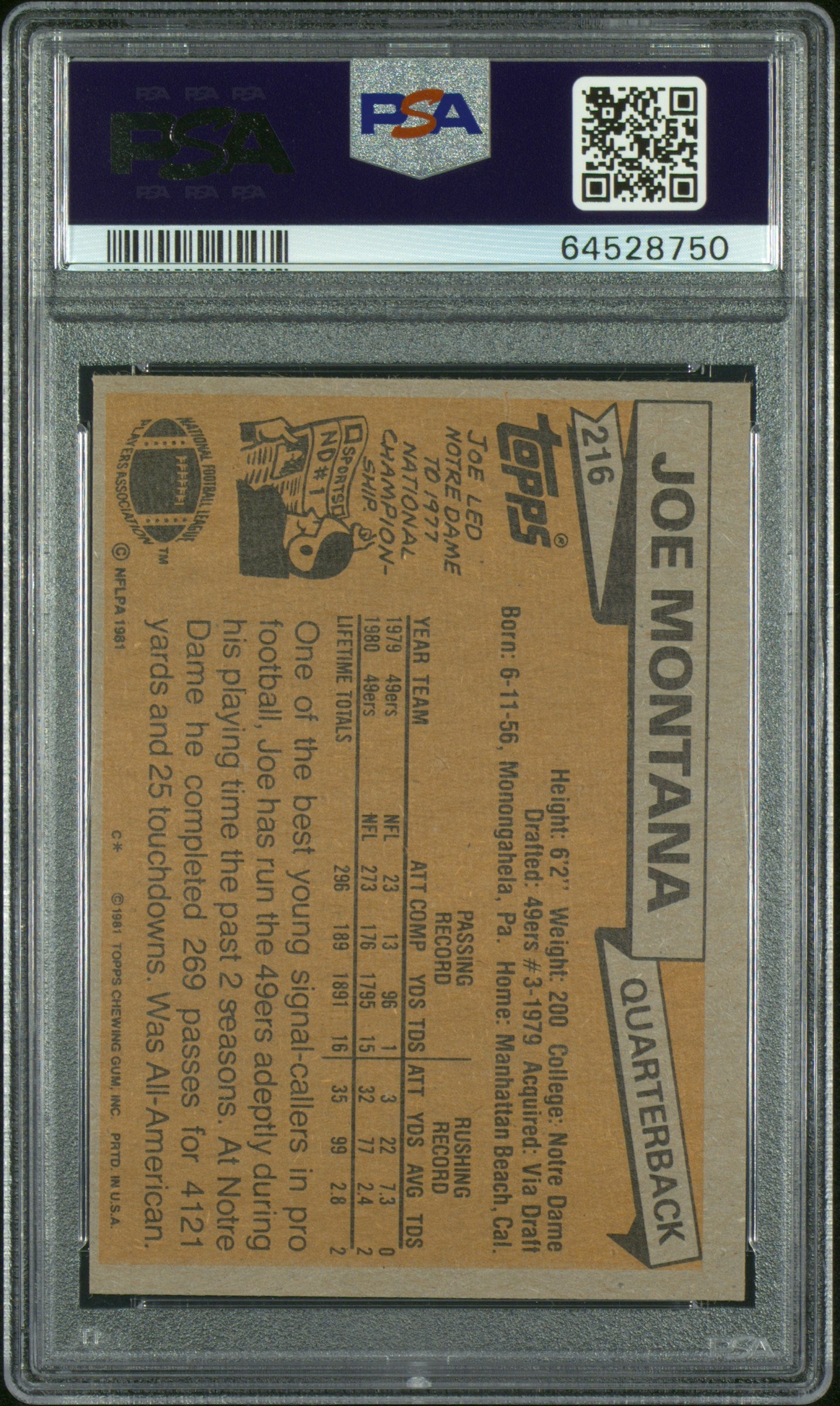 1981 Topps Joe Montana #216 RC PSA 7