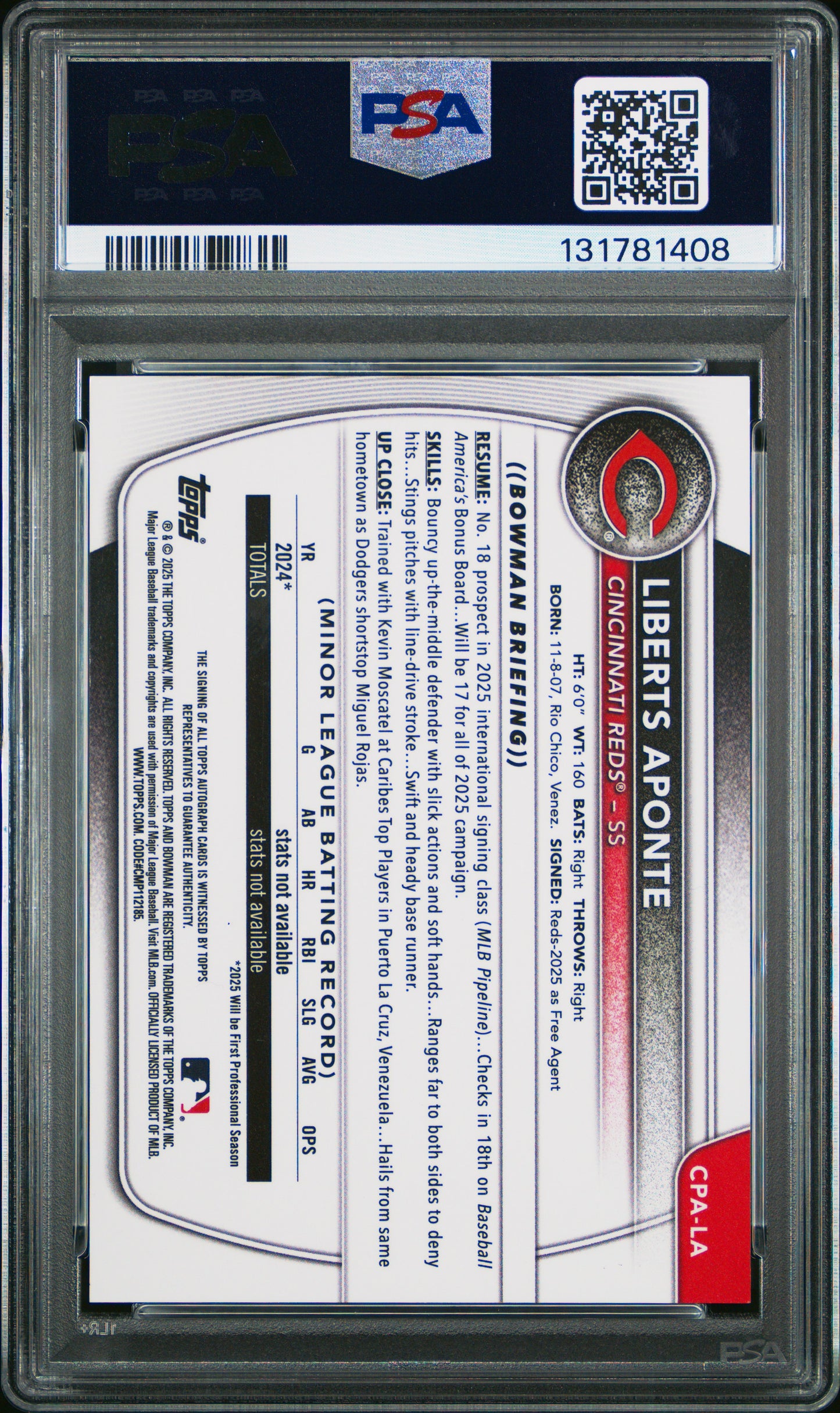 2025 Bowman Chrome Prospect Autographs Liberts Aponte #CPALA Blue 094/150 PSA 10