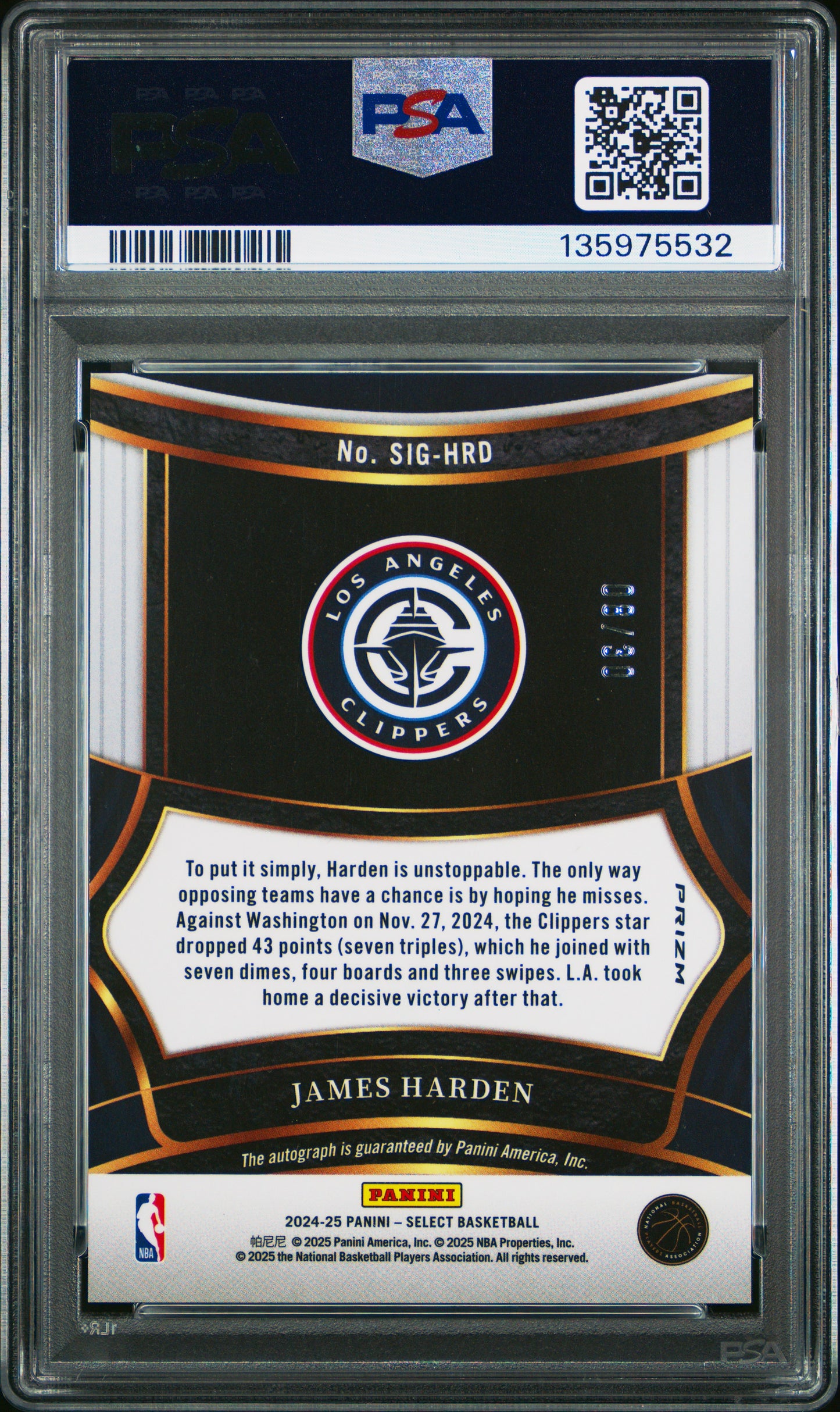 2024 Panini Select Signatures James Harden #HRD Neon Orange Pulsar Fotl PSA 10