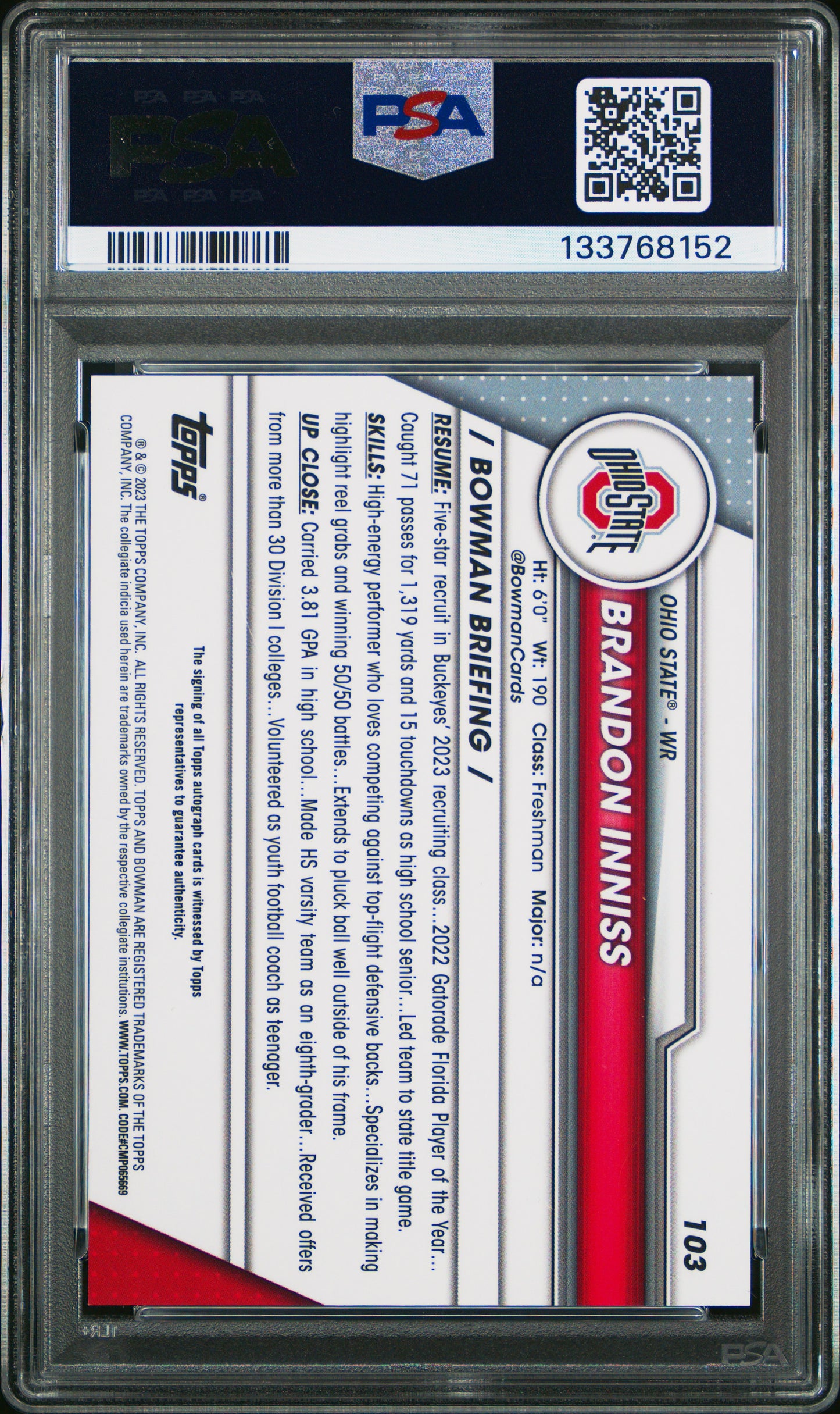 2023 Bowman University Chrome Brandon Inniss #103 Autograph PSA 10