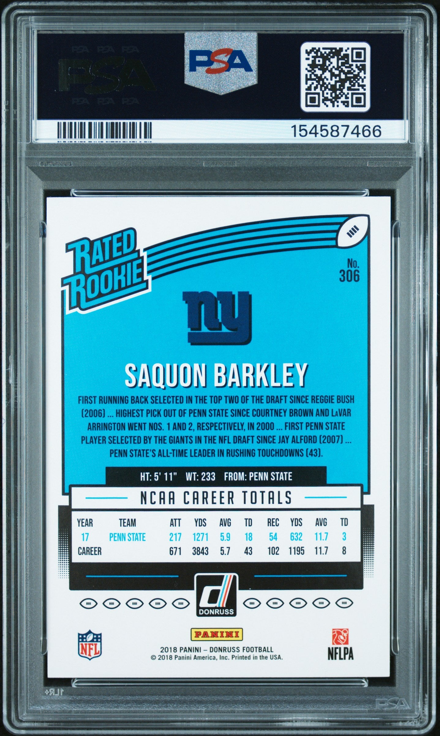 2018 Panini Donruss Rated Rookie Saquon Barkley #306 PSA 10