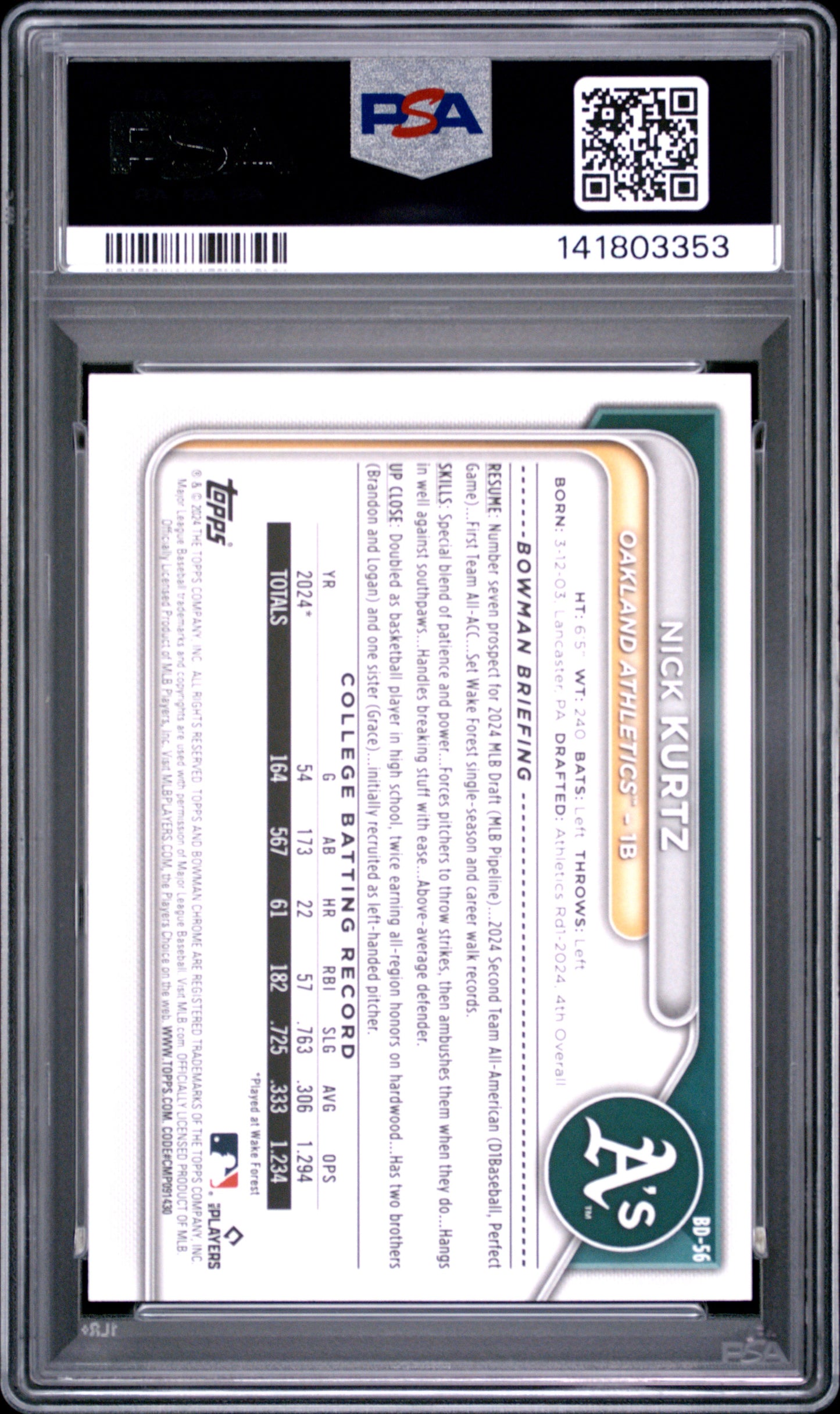 2024 Bowman Draft Nick Kurtz #BD56 PSA 10