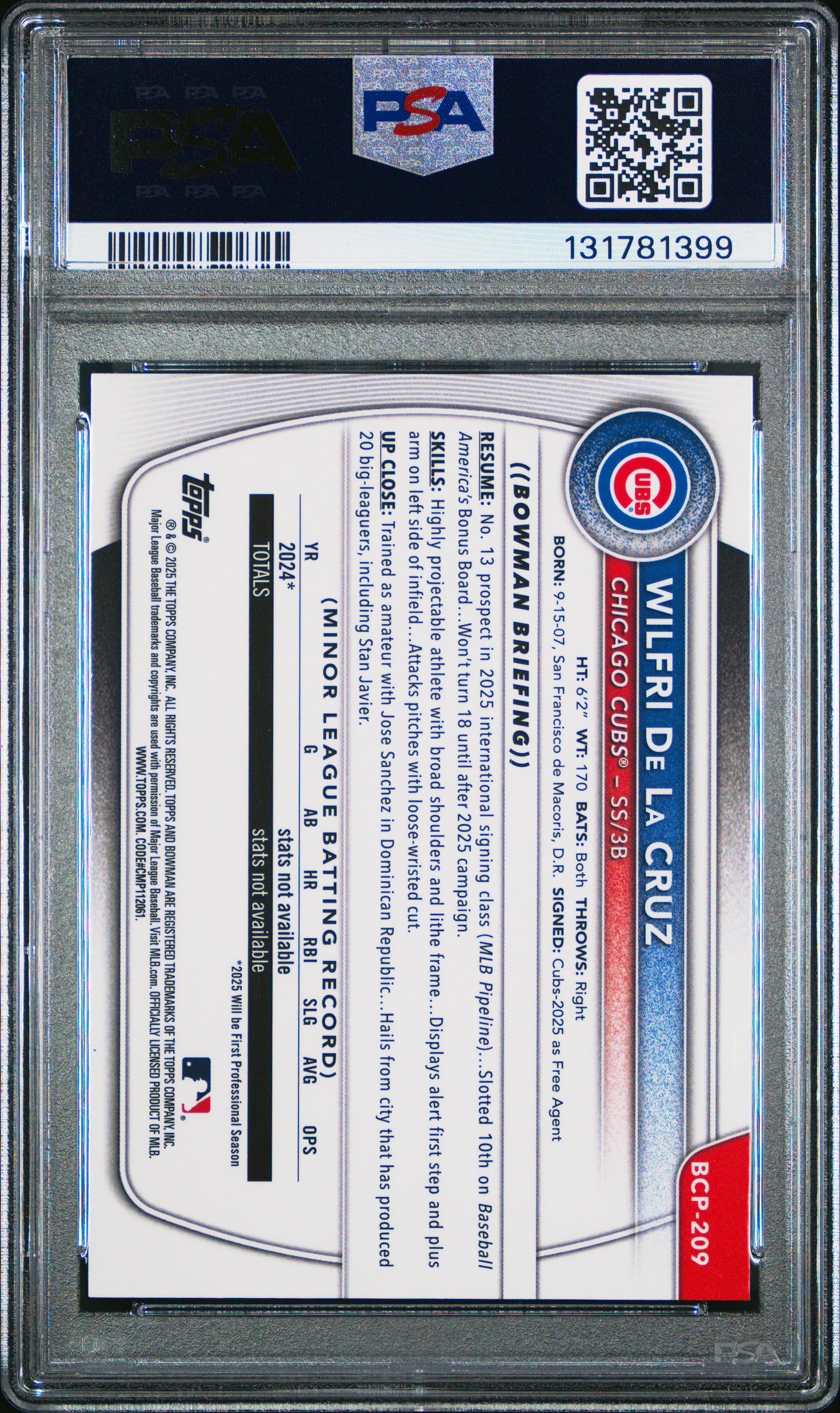2025 Bowman Chrome Prospect Wilfri De La Cruz #209 Blue Geometric 090/150 PSA 10