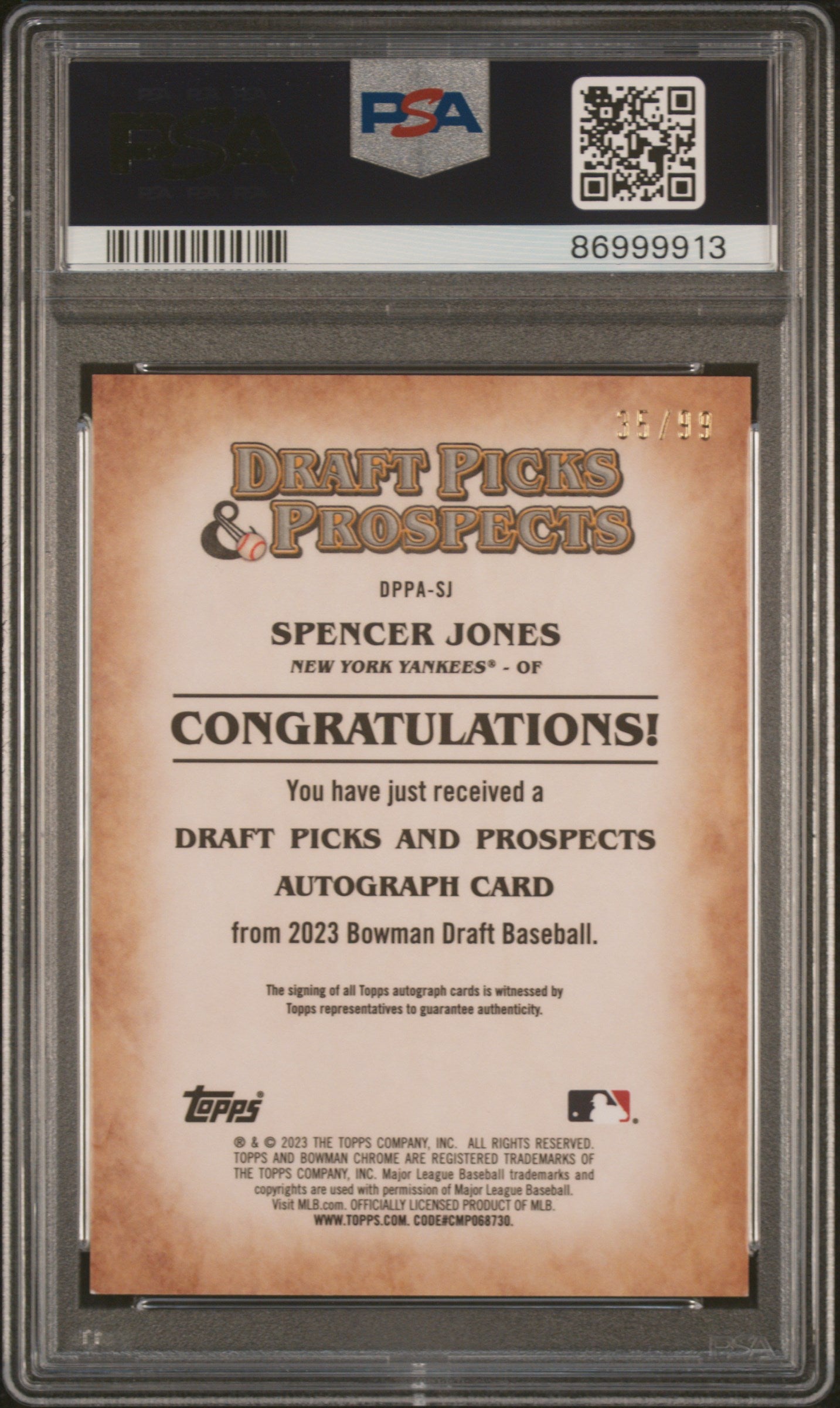 2023 Bowman Draft Draft Picks & Prospects Autograph Spencer Jones #DPPASJ PSA 8