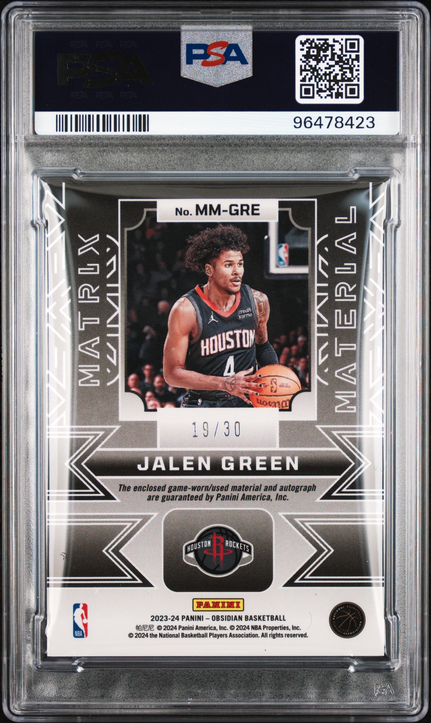 2023 Obsidian Matrix Material Autographs Jalen Green Purple Flood 19/30 PSA 9