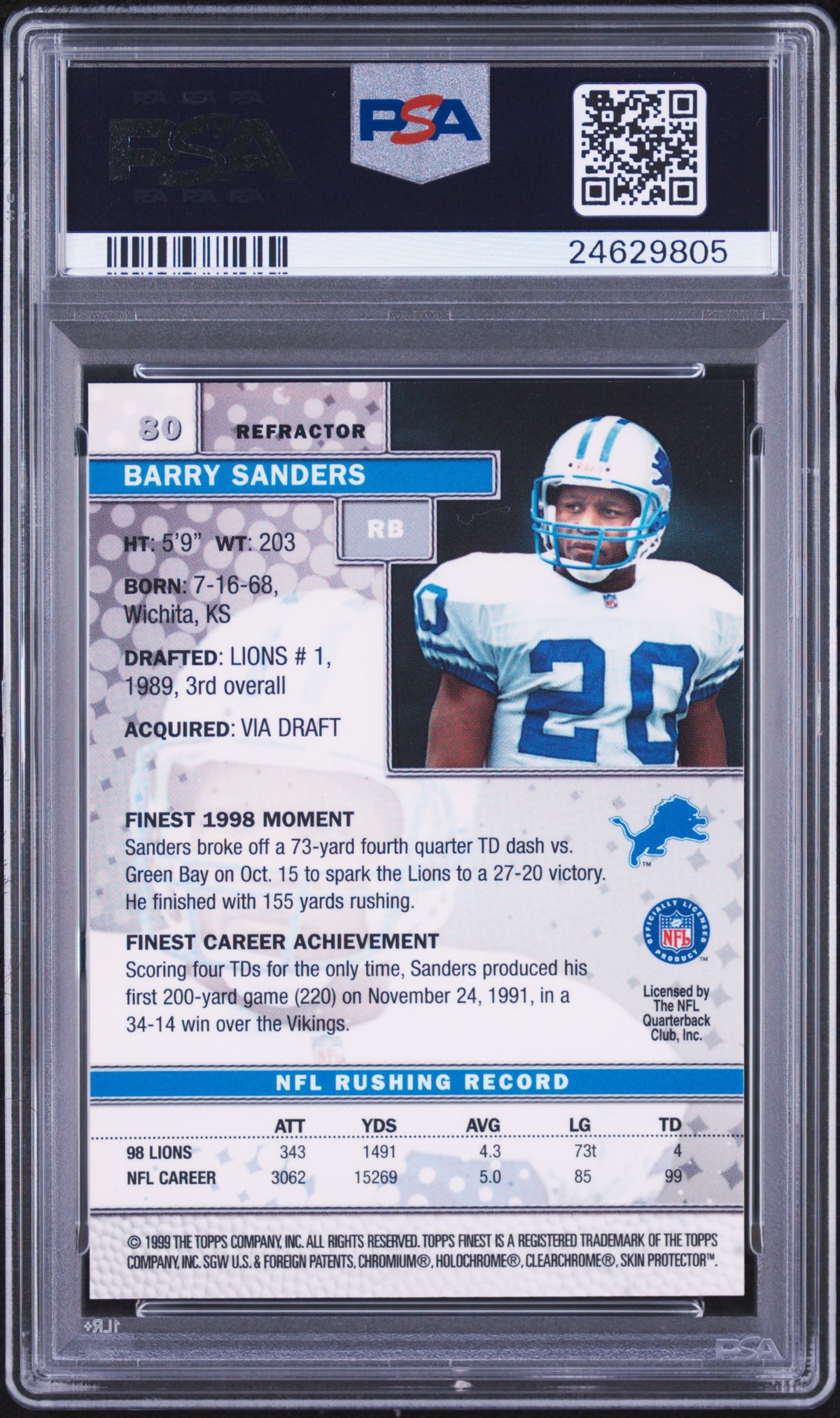 1999 Topps Finest Barry Sanders #80 Refractor (pop 18) PSA 10