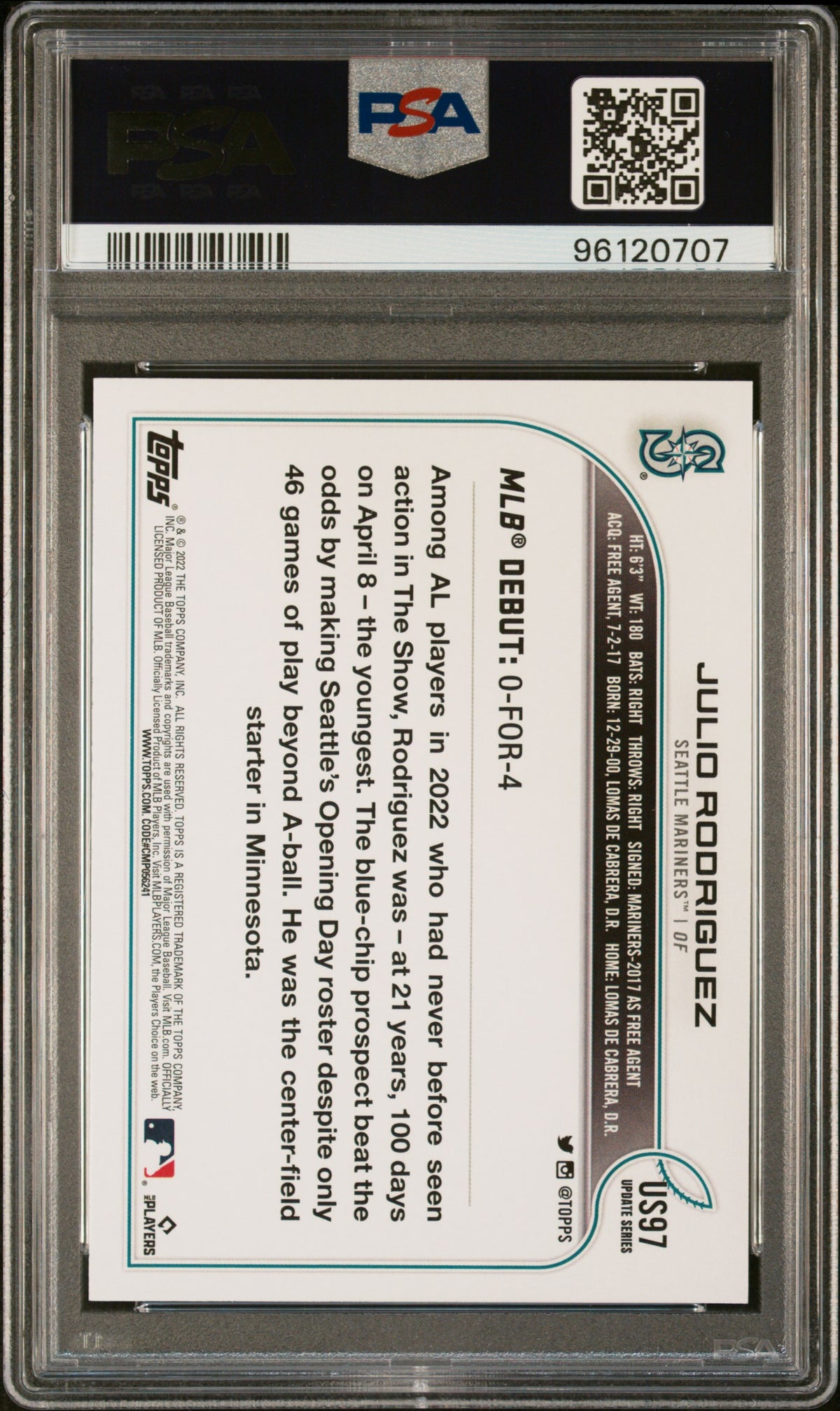 2022 Topps Update Rookie Debut Julio Rodriguez #US97 RC PSA 10