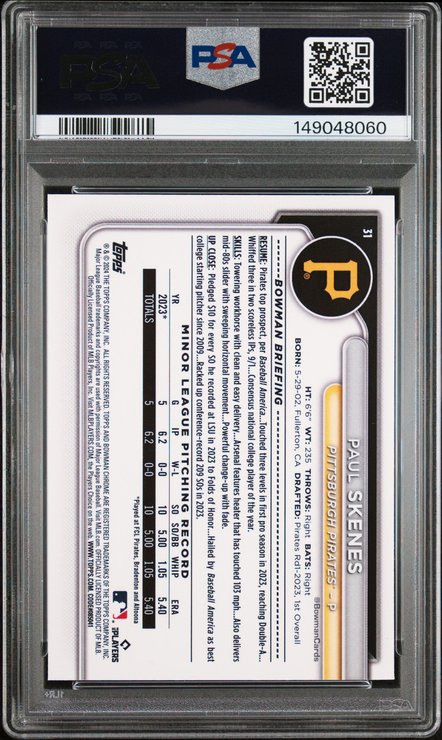 2024 Bowman Chrome Paul Skenes #31 PSA 10