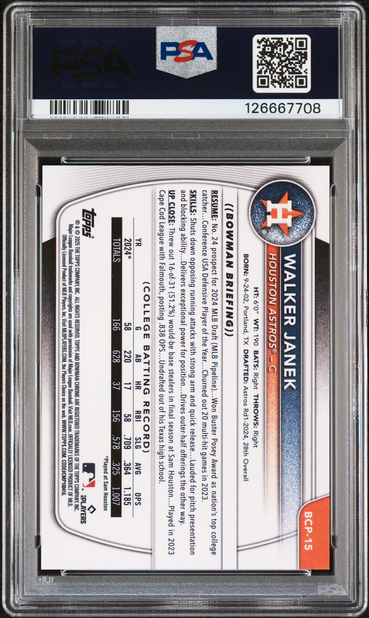 2025 Bowman Chrome Prospects Walker Janek #BCP15 Rose Gold Ref 04/15 PSA 10