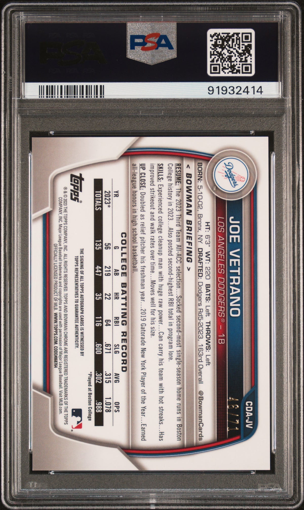 2023 Bowman Draft Chrome Prospect Auto Joe Vetrano #CDAJV 46/71 PSA 10 Auto A