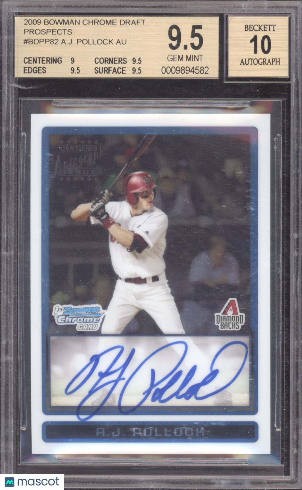 2009 Bowman Chrome Draft Prospects A.J. Pollock #BDPP82 BGS 9.5 Auto 10