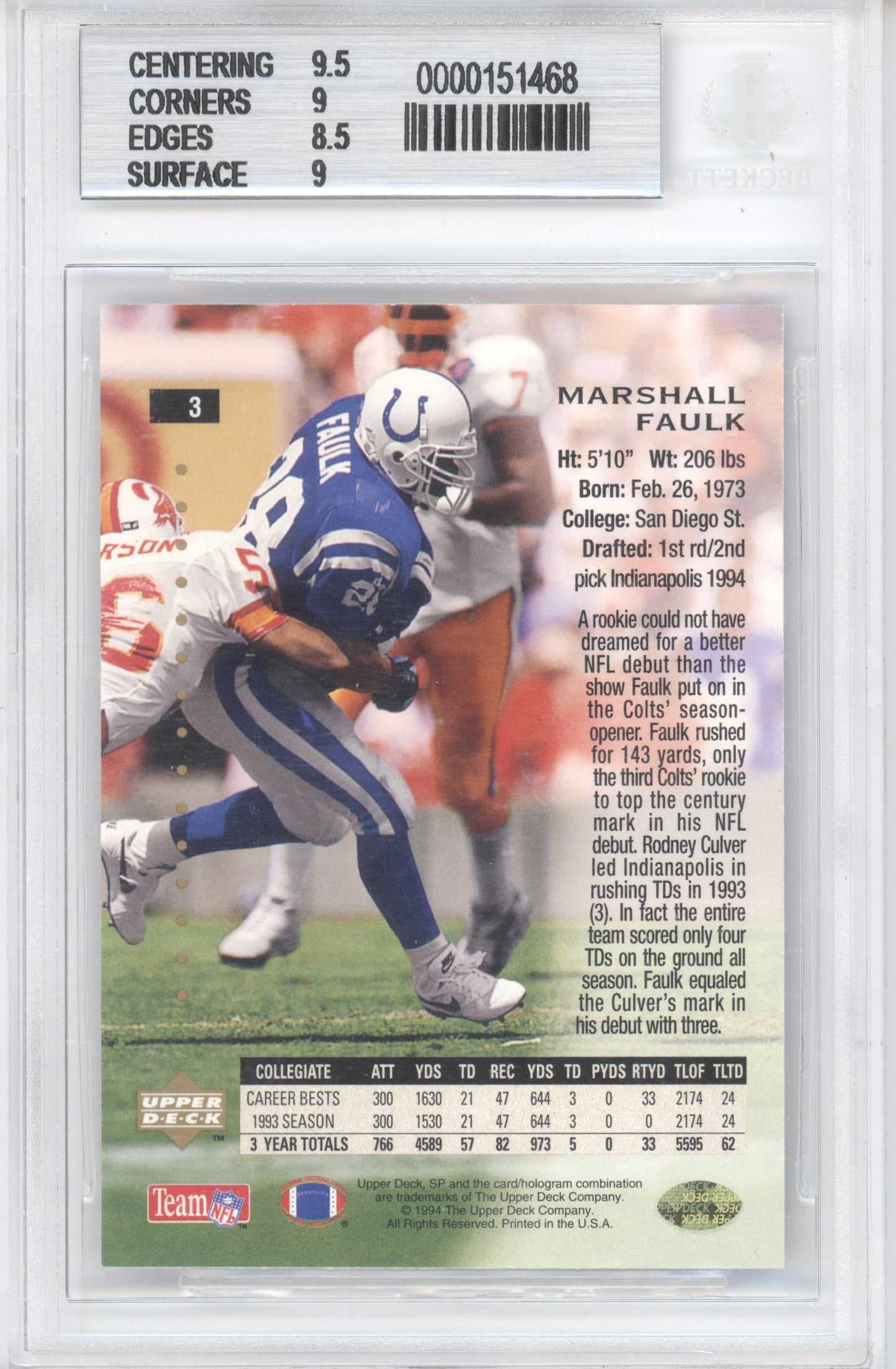 1994 SP Football Marshall Faulk #3 Premiere Prospects BGS 9