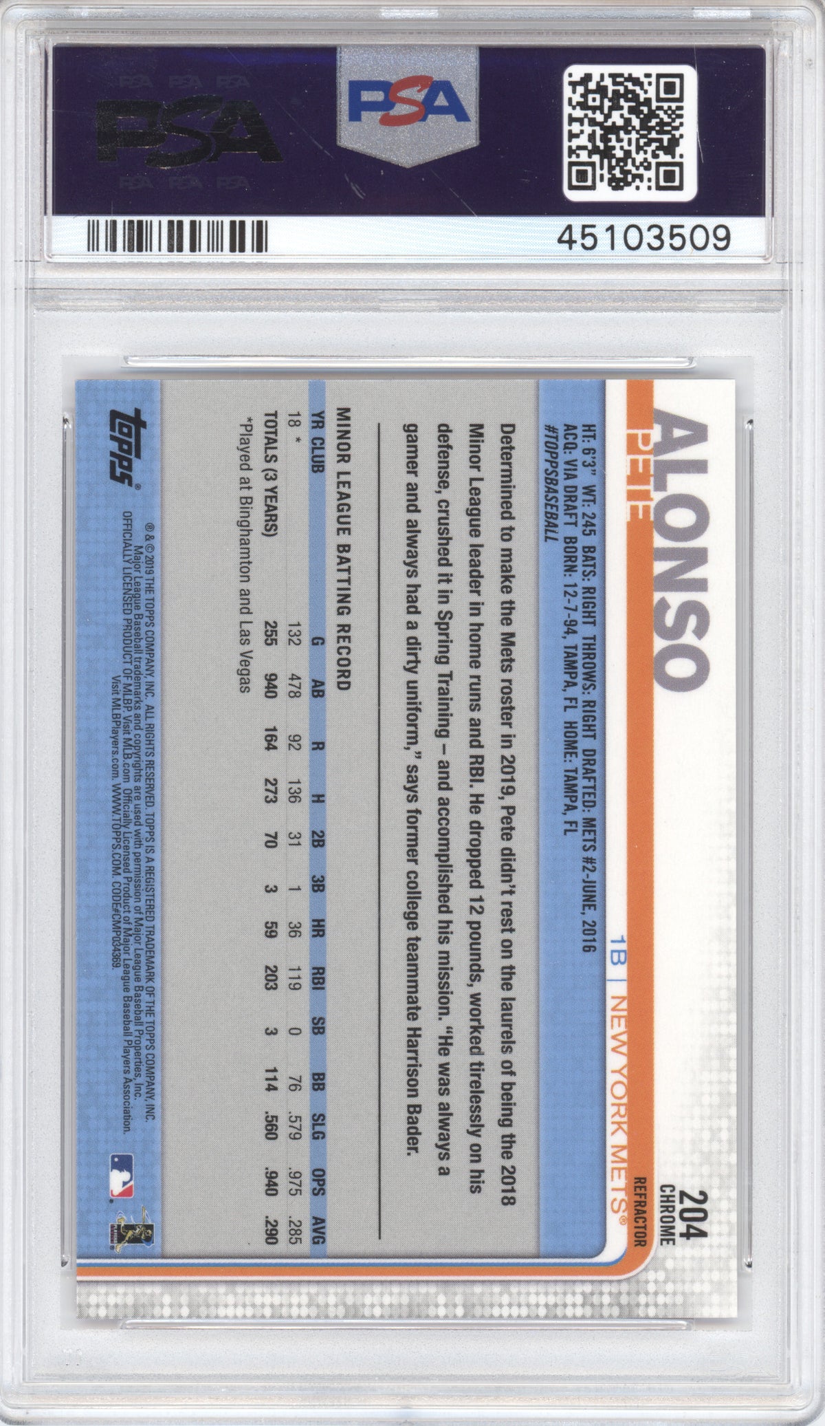 2019 Topps Chrome Pete Alonso #204 Pink Refractor RC PSA 10