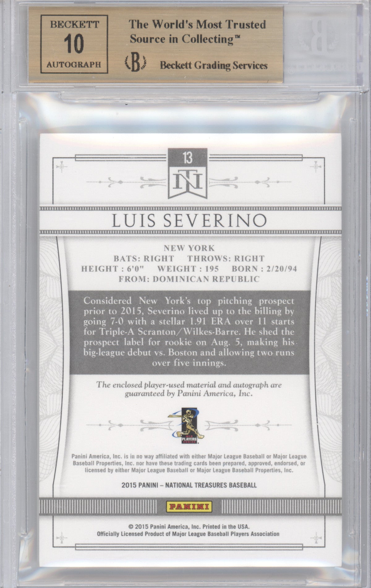 2015 National Treasures Silhouette Auto Luis Severino #13 08/10 BGS 9.5 Auto 10