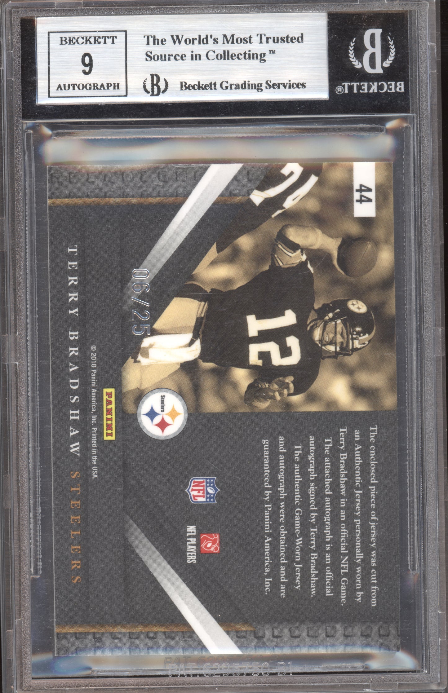 2010 Limited Material Monikers Terry Bradshaw #44 06/25 BGS 9 Auto 9