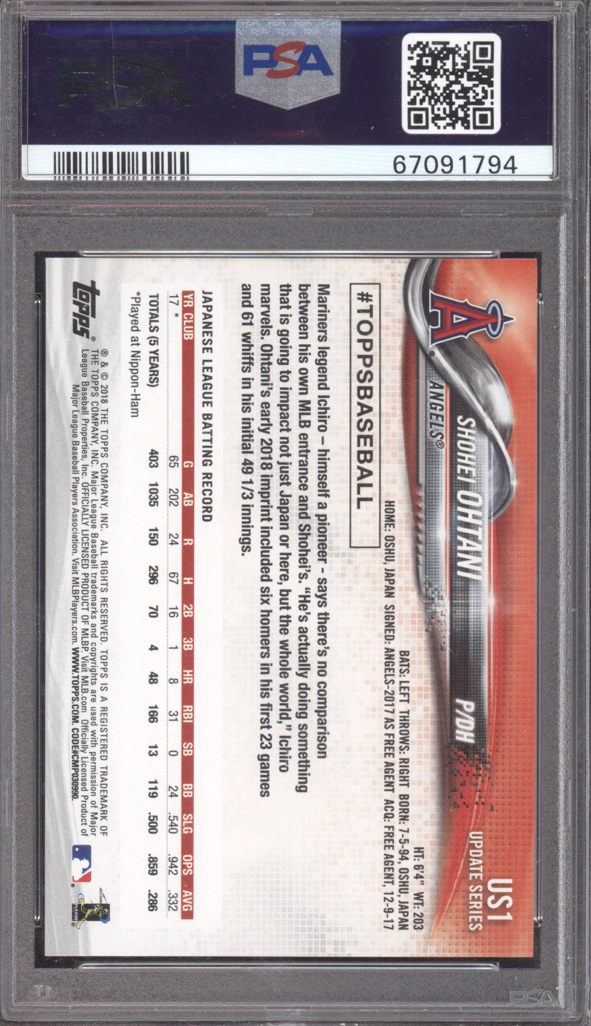 2018 Topps Update Shohei Ohtani #US1 RC PSA 9