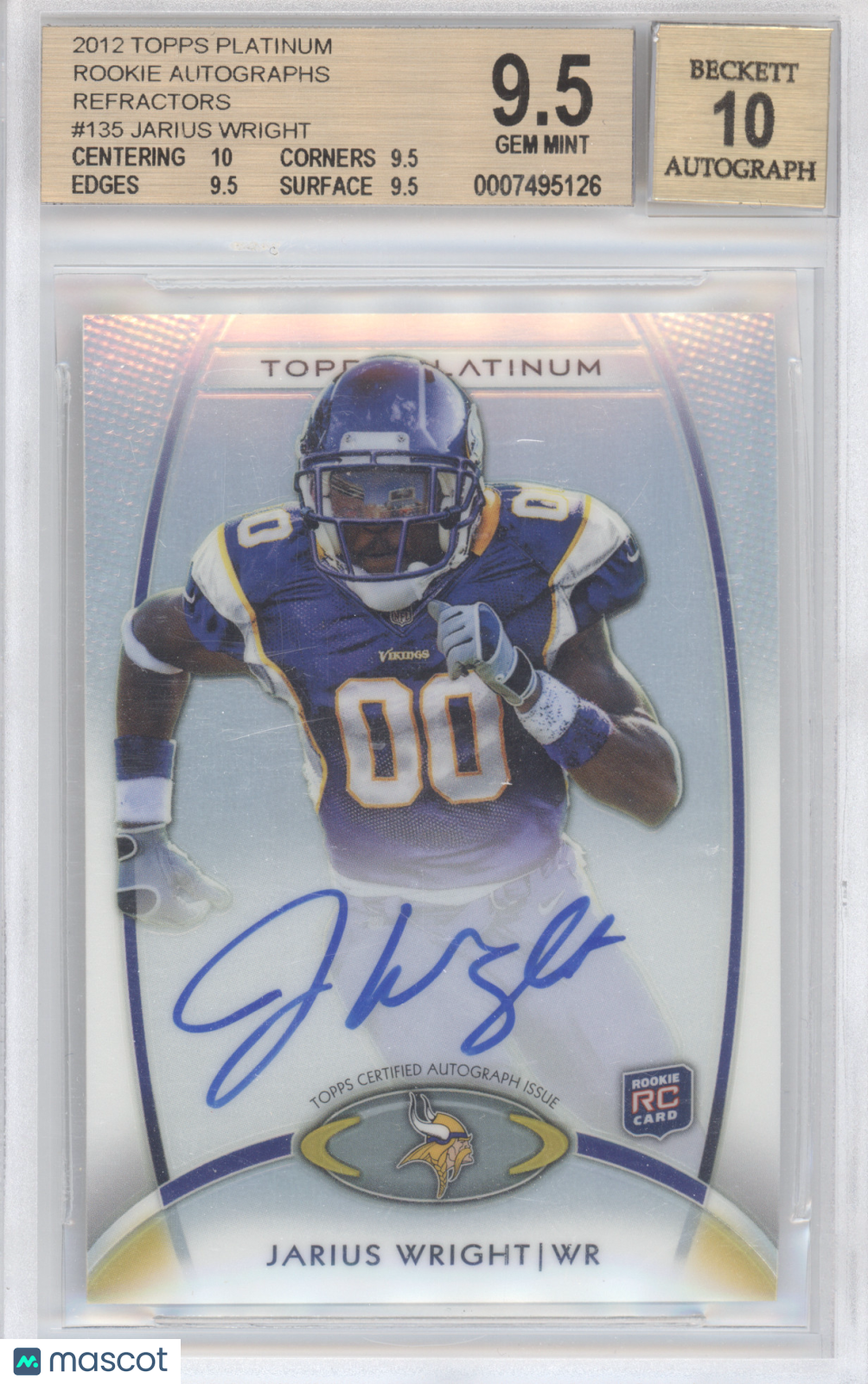 2012 Topps Platinum Rookie Autograph Refractor Jarius Wright 135 BGS 9.5 Auto 10