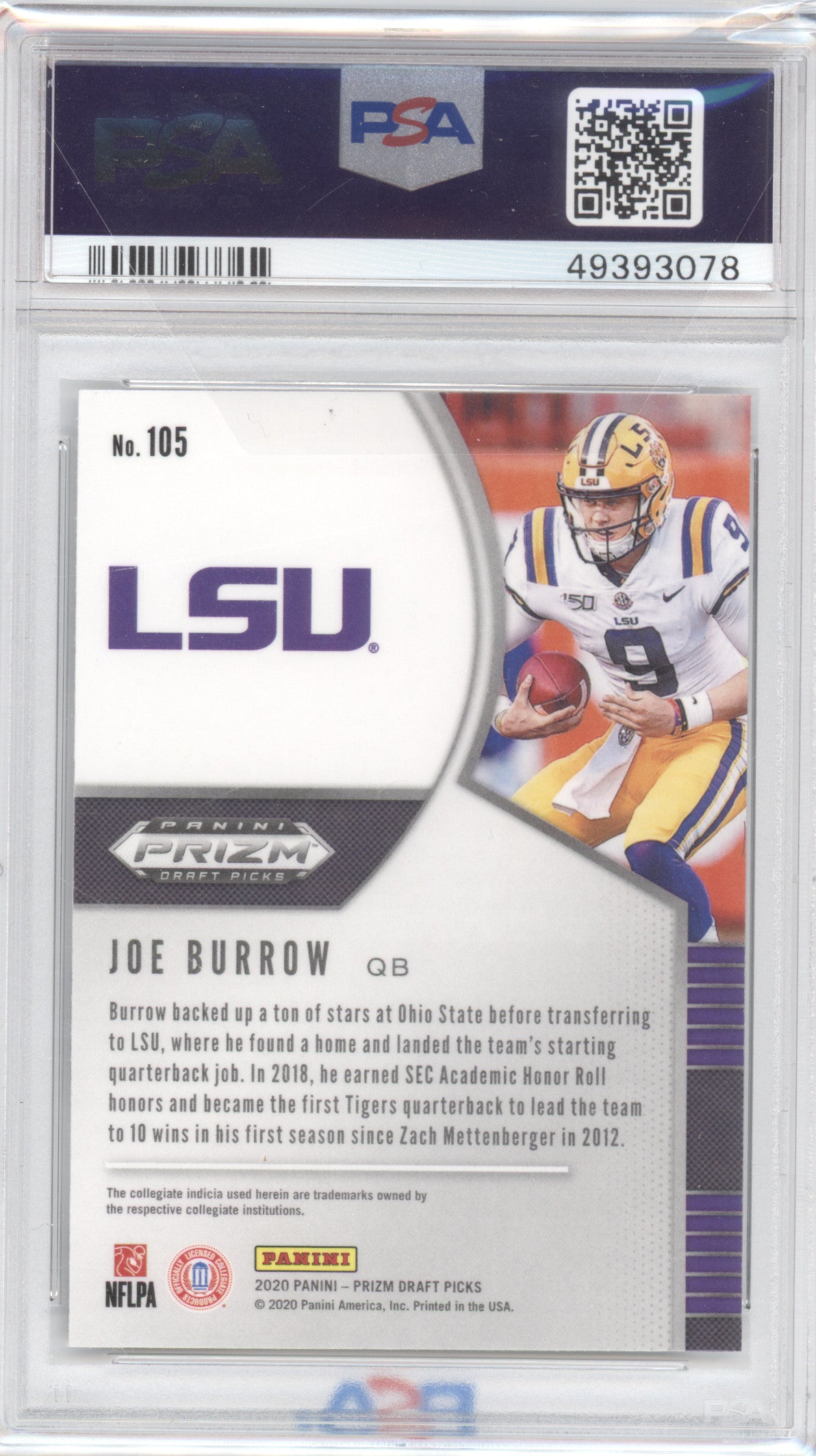 2020 Panini Prizm Draft Picks Joe Burrow #105 PSA 9