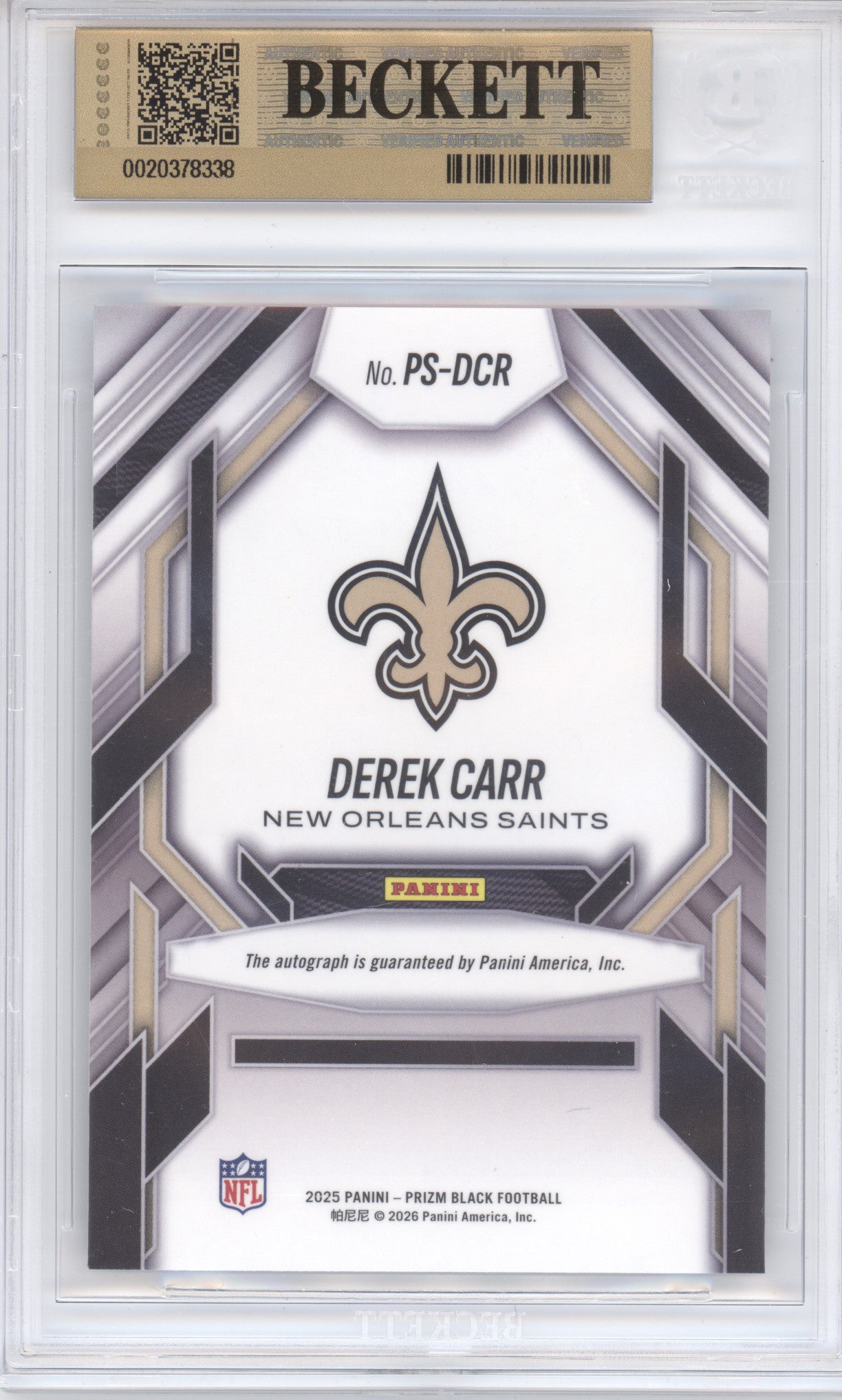 2025 Panini Prizm Black Prolific Signatures Derek Carr #4 BGS 9.5 Auto 10