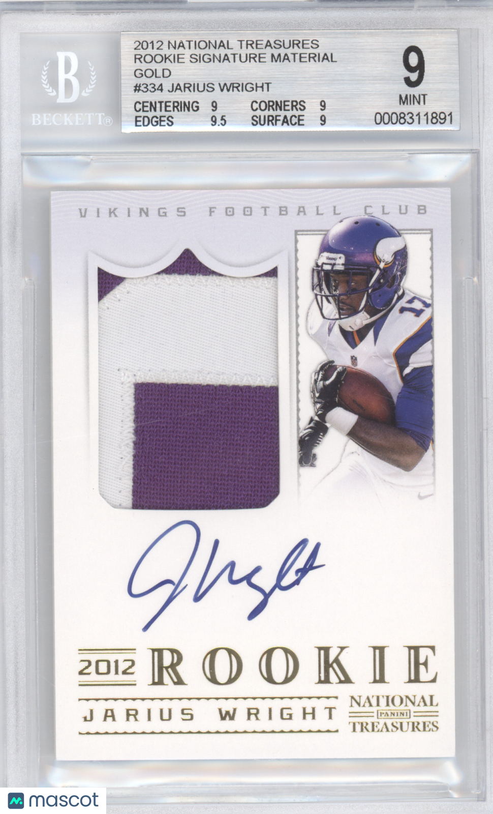 2012 National Treasure Signature Material Jarius Wright Gold 49/49 BGS 9 Auto 10