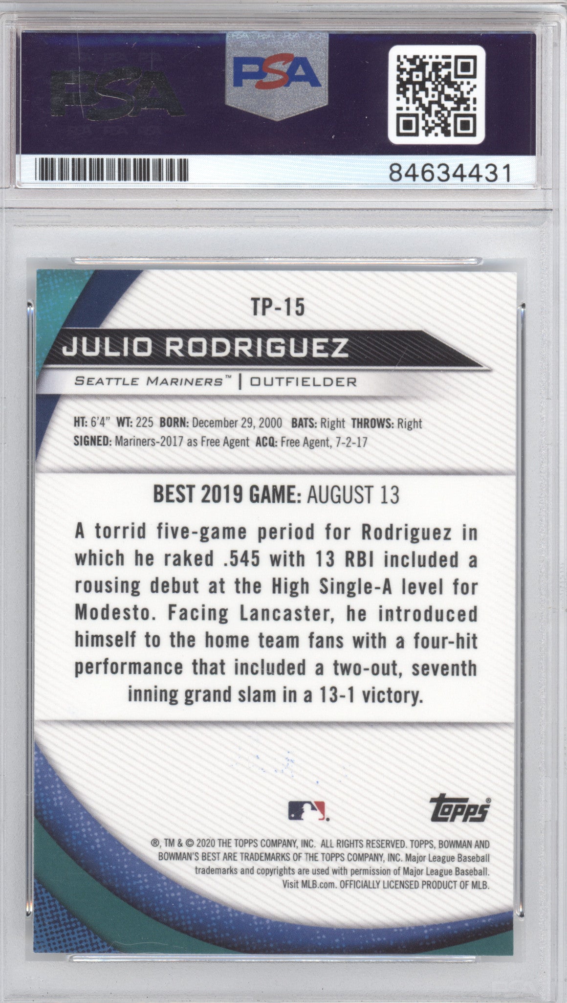 2020 Bowman's Best Top Prospects Julio Rodriguez #TP-15 PSA Authentic Auto 10