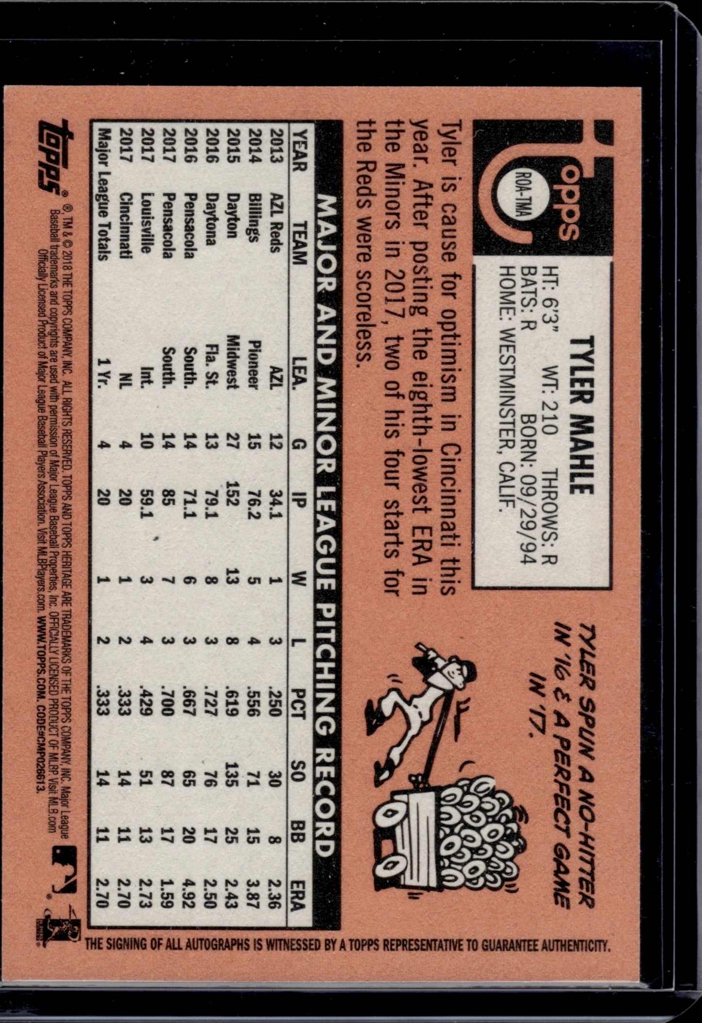 2018 Topps Heritage Tyler Mahle #ROA-TMA RC 15/69