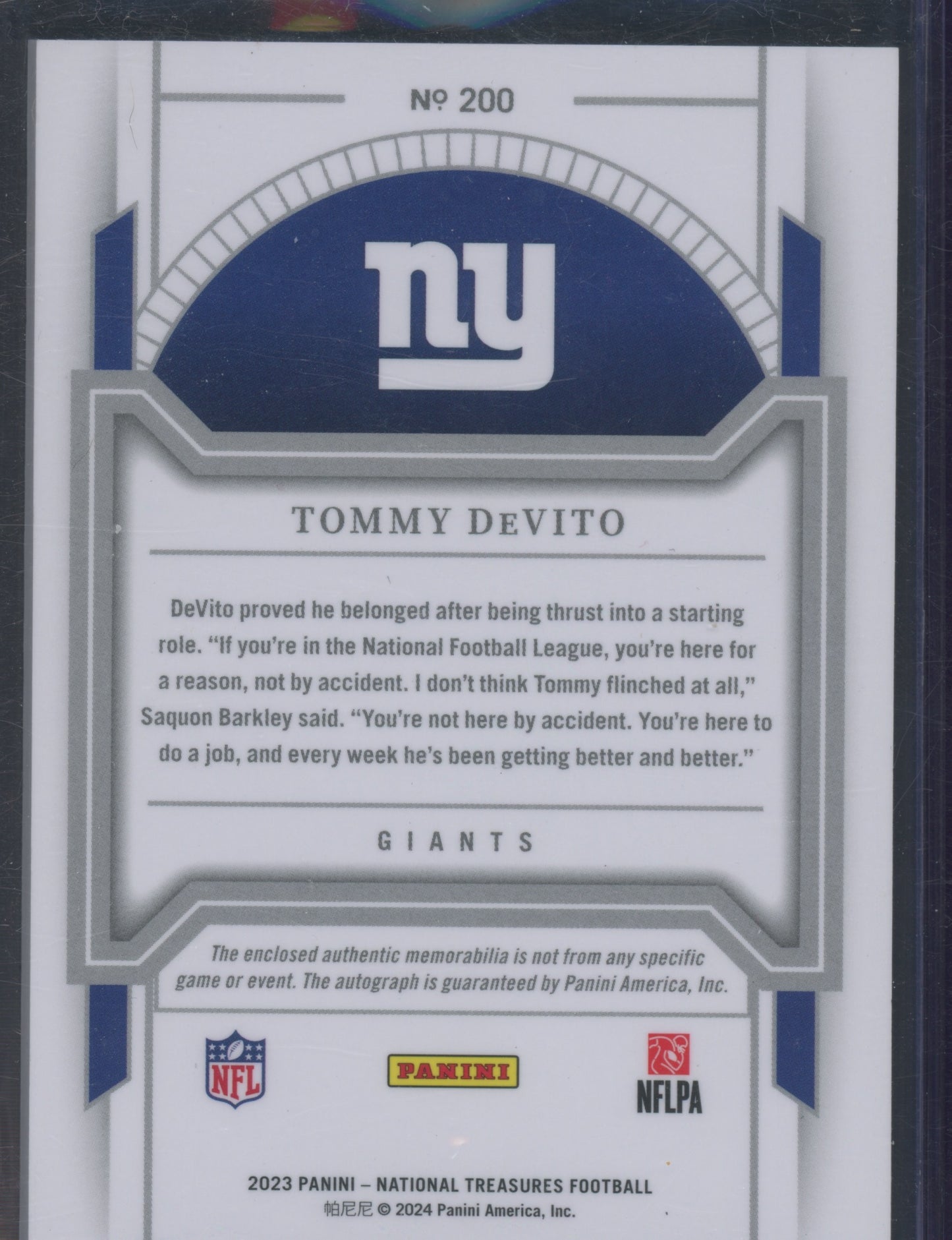 2023 Panini National Treasures Tommy DeVito #200 11/49 RC Patch
