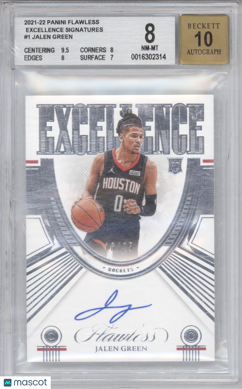2021 Panini Flawless Jalen Green #EXC-JGR Excellence Sigs 16/25 BGS 8 Auto 10