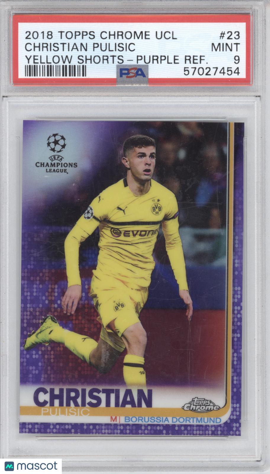 2018 Topps Chrome UCL Christian Pulisic #23 Yellow Shorts Purple 165/250 PSA 9