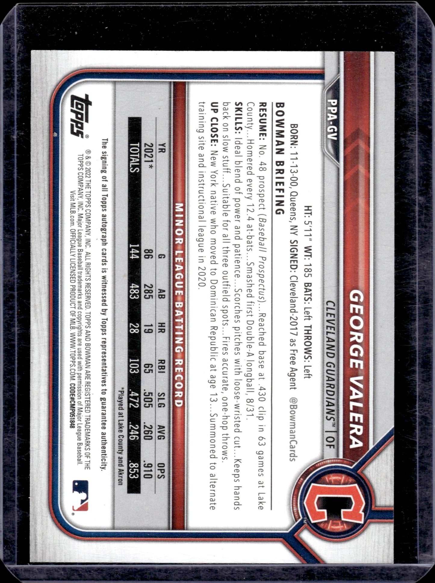 2022 Bowman George Valera #PA-GV Purple /250