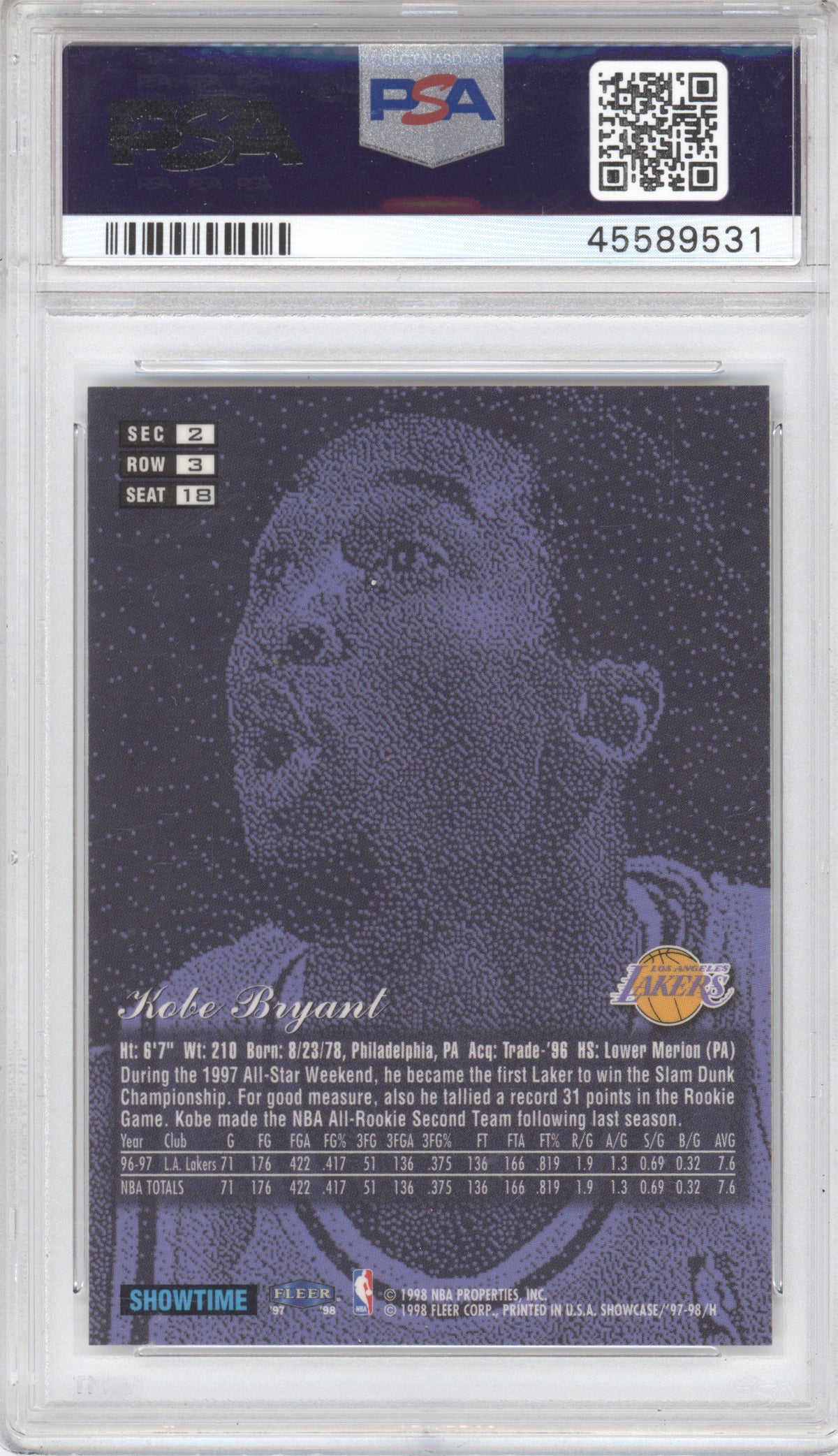 1998 Flair Showcase Kobe Bryant #18 Row 3 PSA 7
