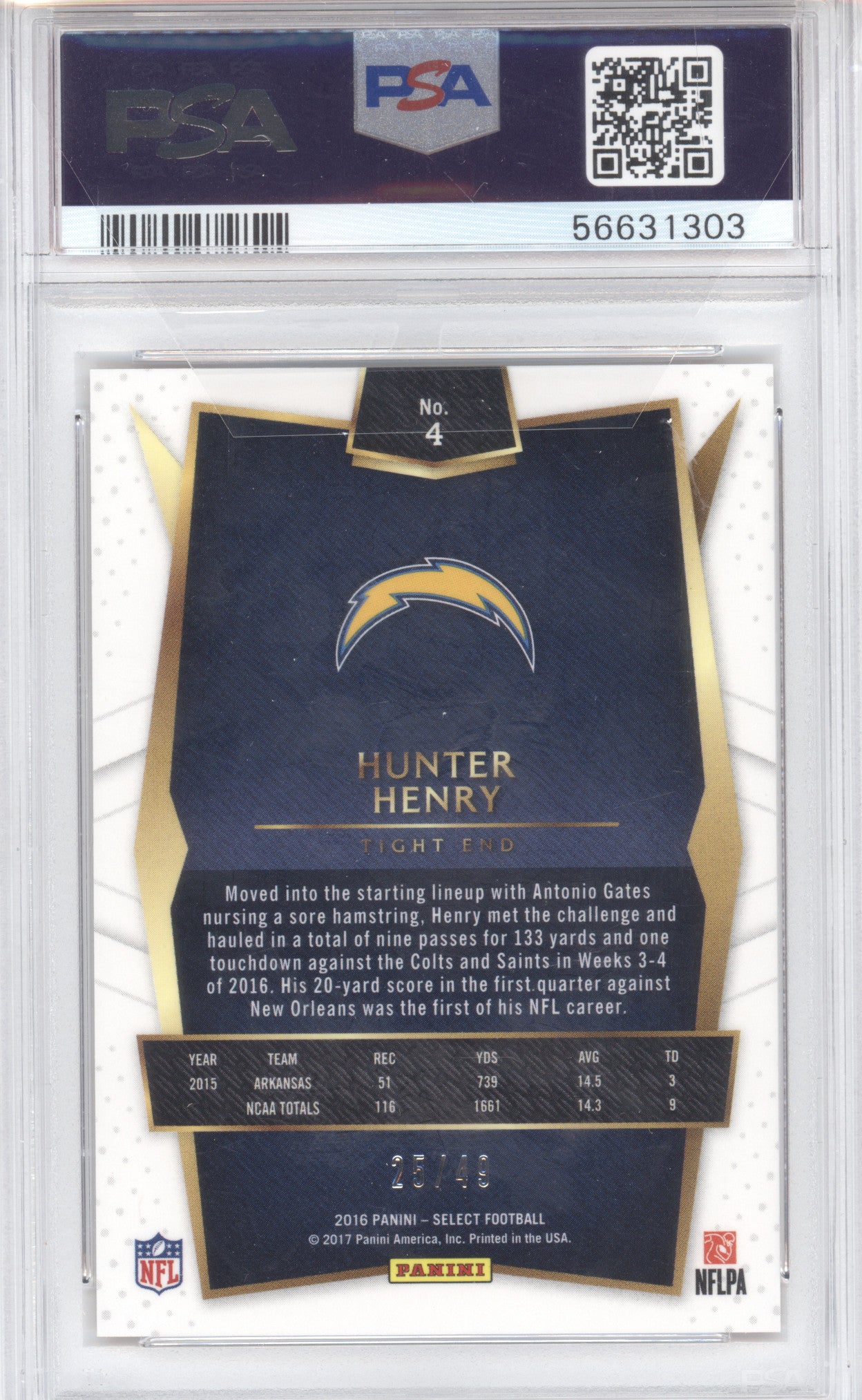2016 Panini Select Hunter Henry #4 Orange Prizm 25/49 RC PSA 9