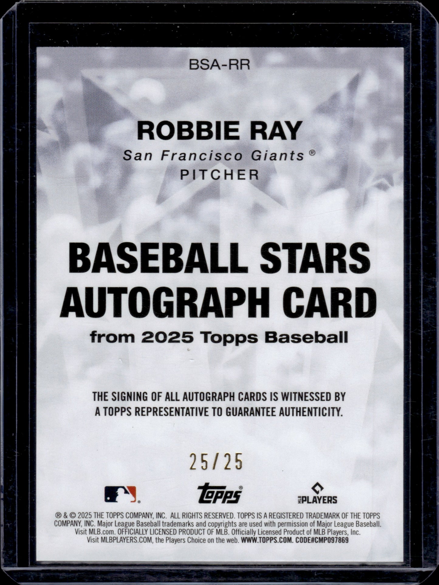 2025 Topps Baseball Robbie Ray #BSA-RR Autograph 25/25