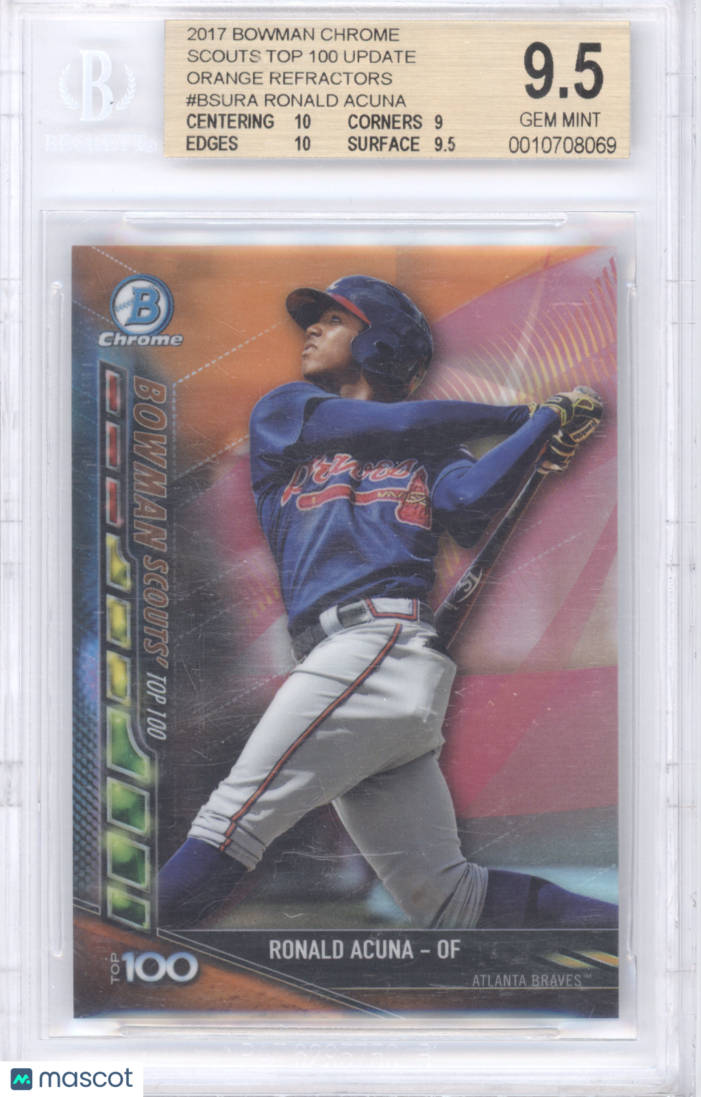 2017 Bowman Chrome Scouts Top 100 Ronald Acuna #BSURA Orange 21/25 BGS 9.5