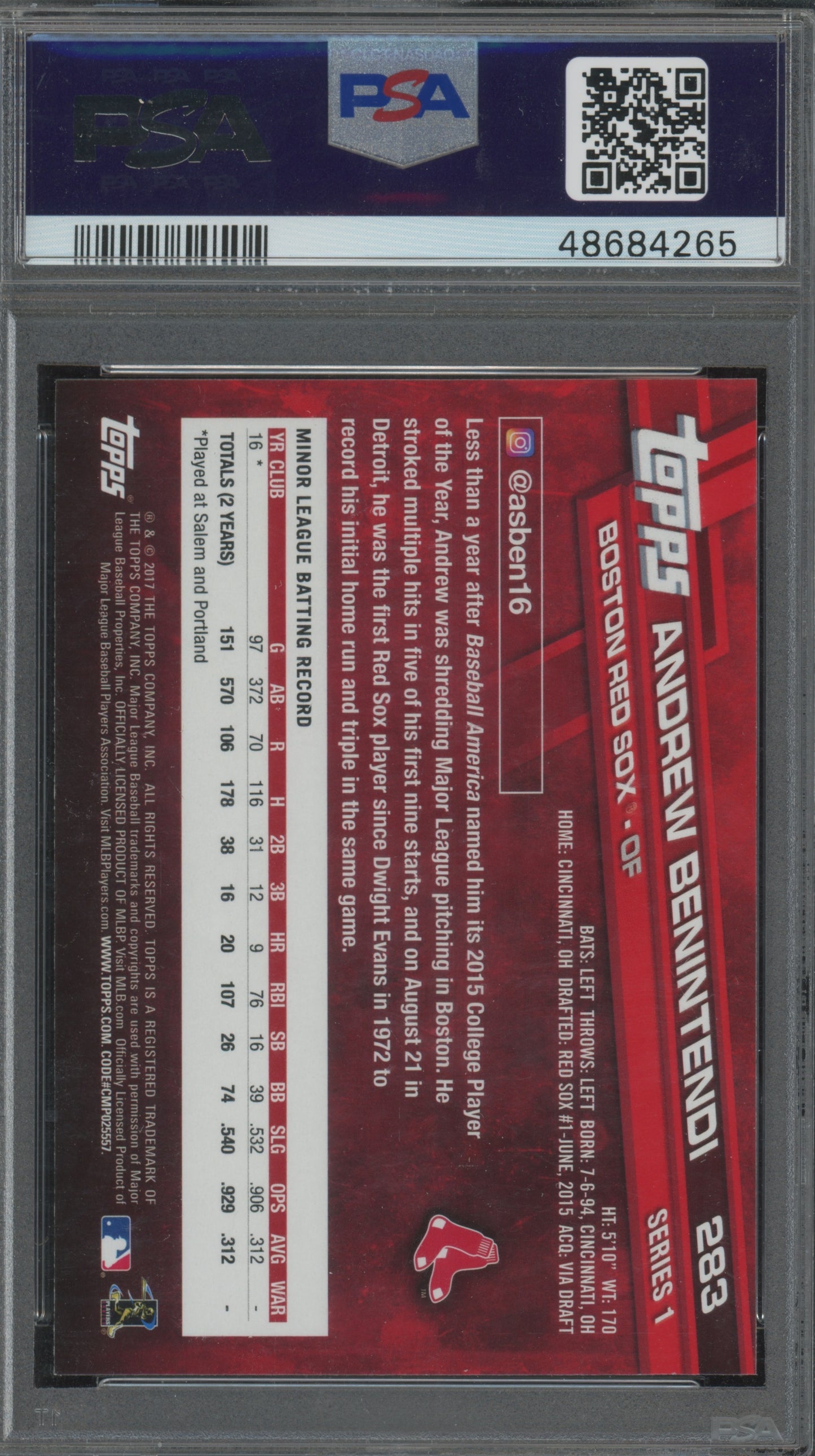 2017 Topps Andrew Benintendi #283 SP Rookie PSA 10