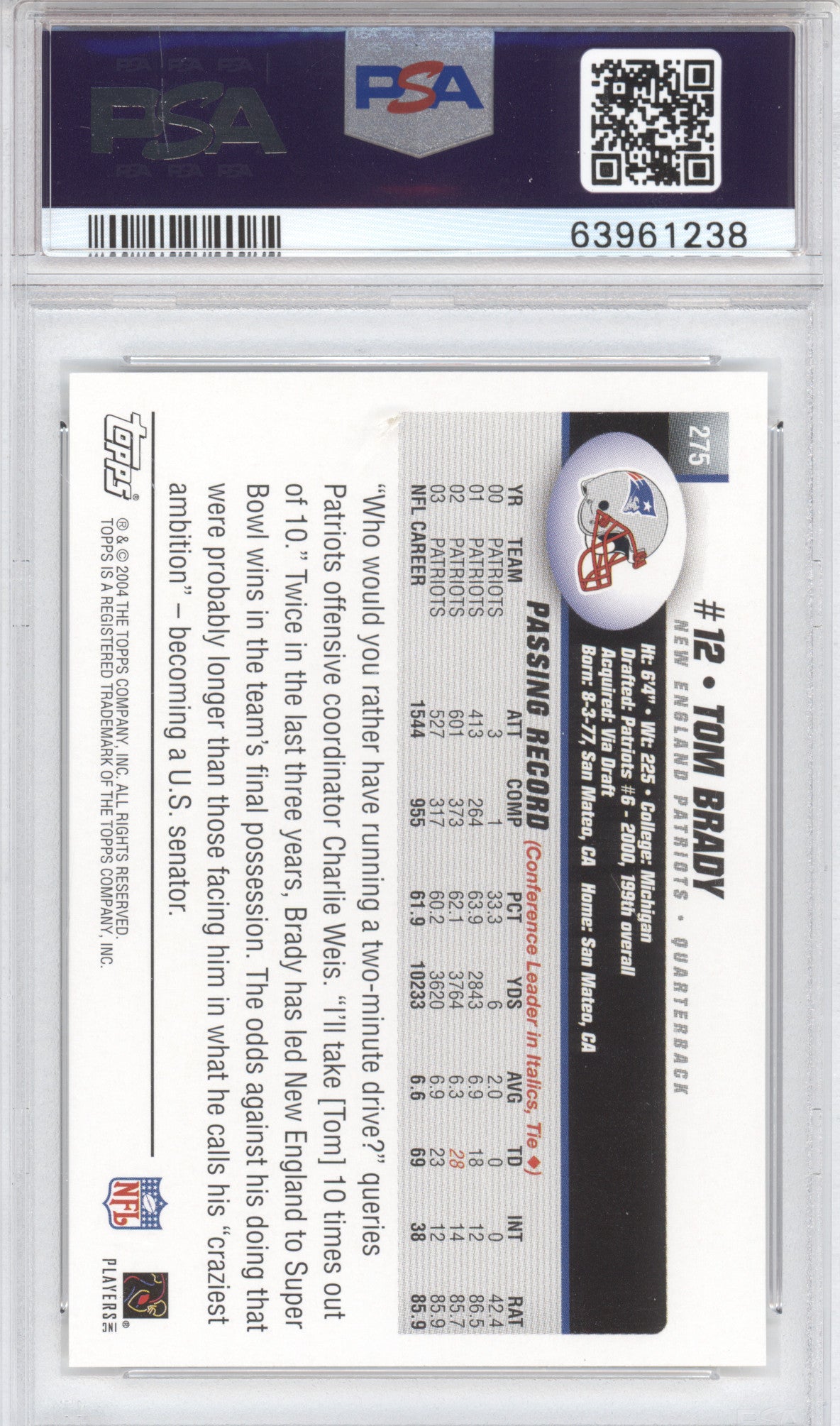 2004 Topps Tom Brady #275 Collection PSA 10
