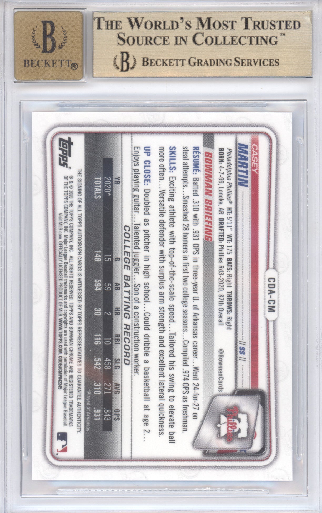 2020 Bowman Chrome Draft Autograph Blue Casey Martin #CM 114/150 BGS 9.5 Auto 10