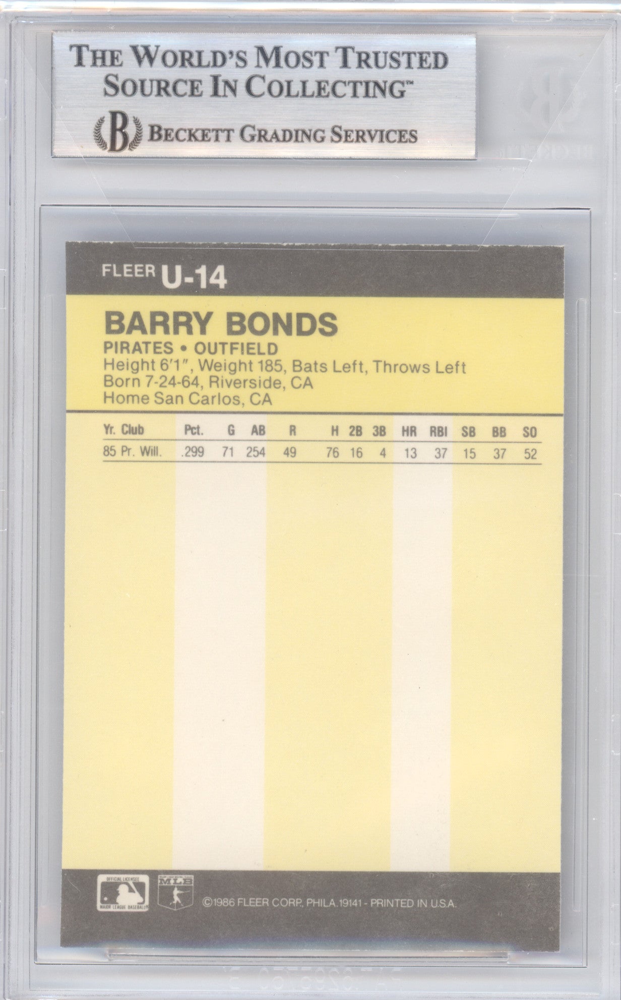 1986 Fleer Update Barry Bonds #U14 XRC BGS 8.5